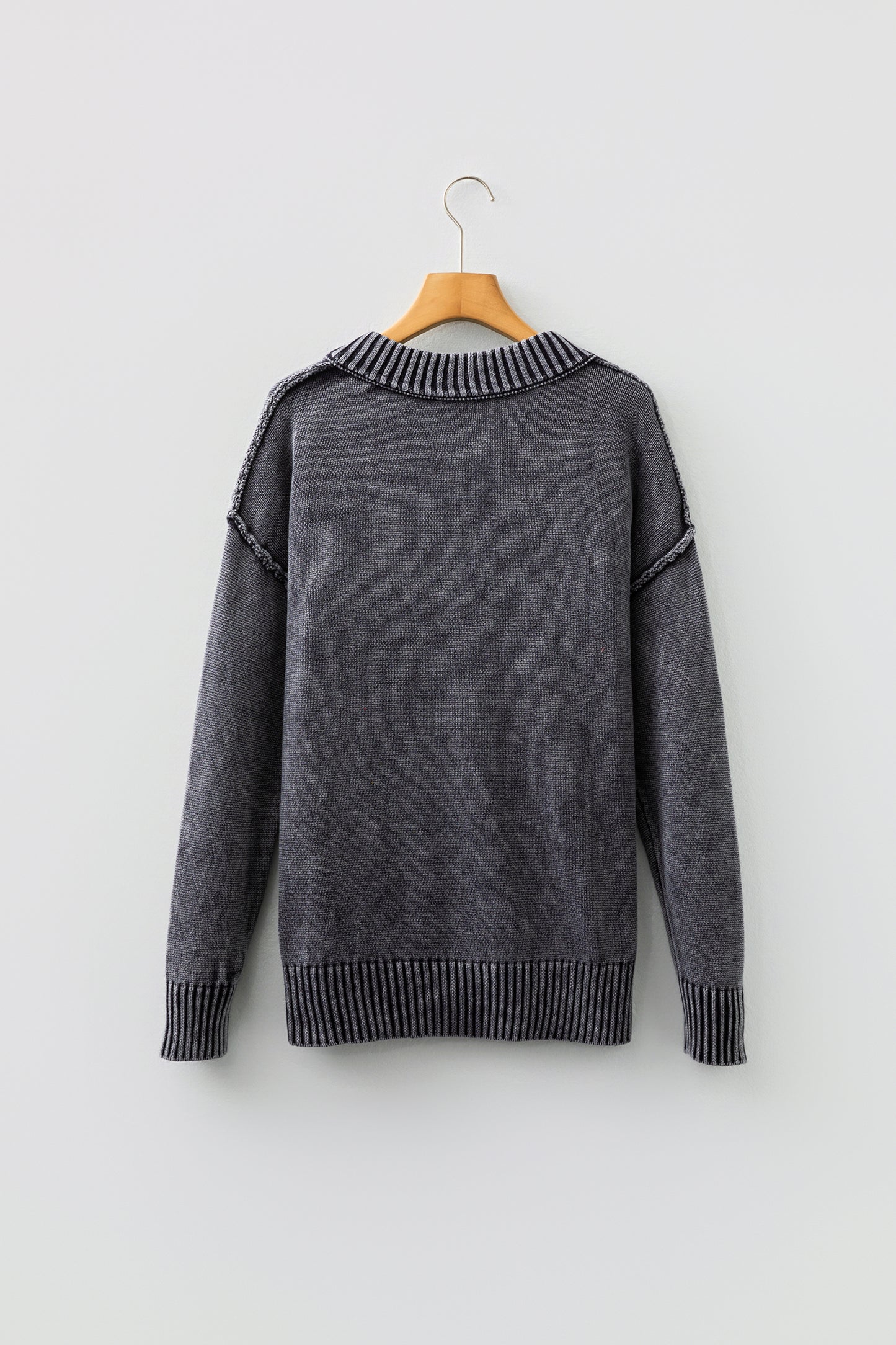 Four Leaf Clover Mineral Wash V Neck Knit Exposed Seam Drop Shoulder Loose Sweater