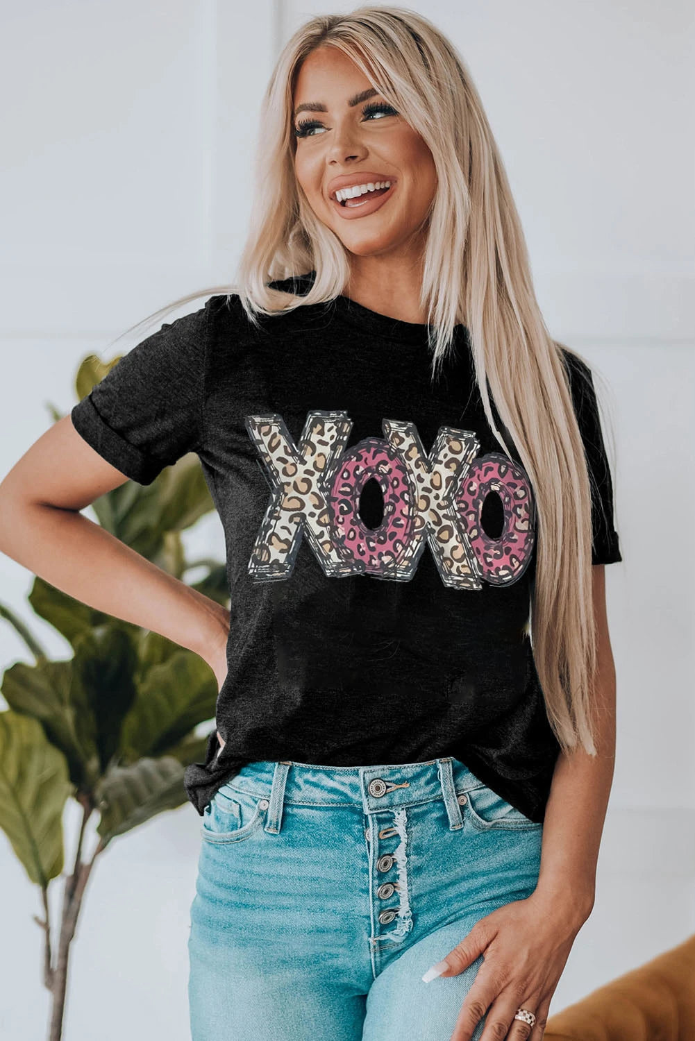 Black Leopard XOXO Print T Shirt