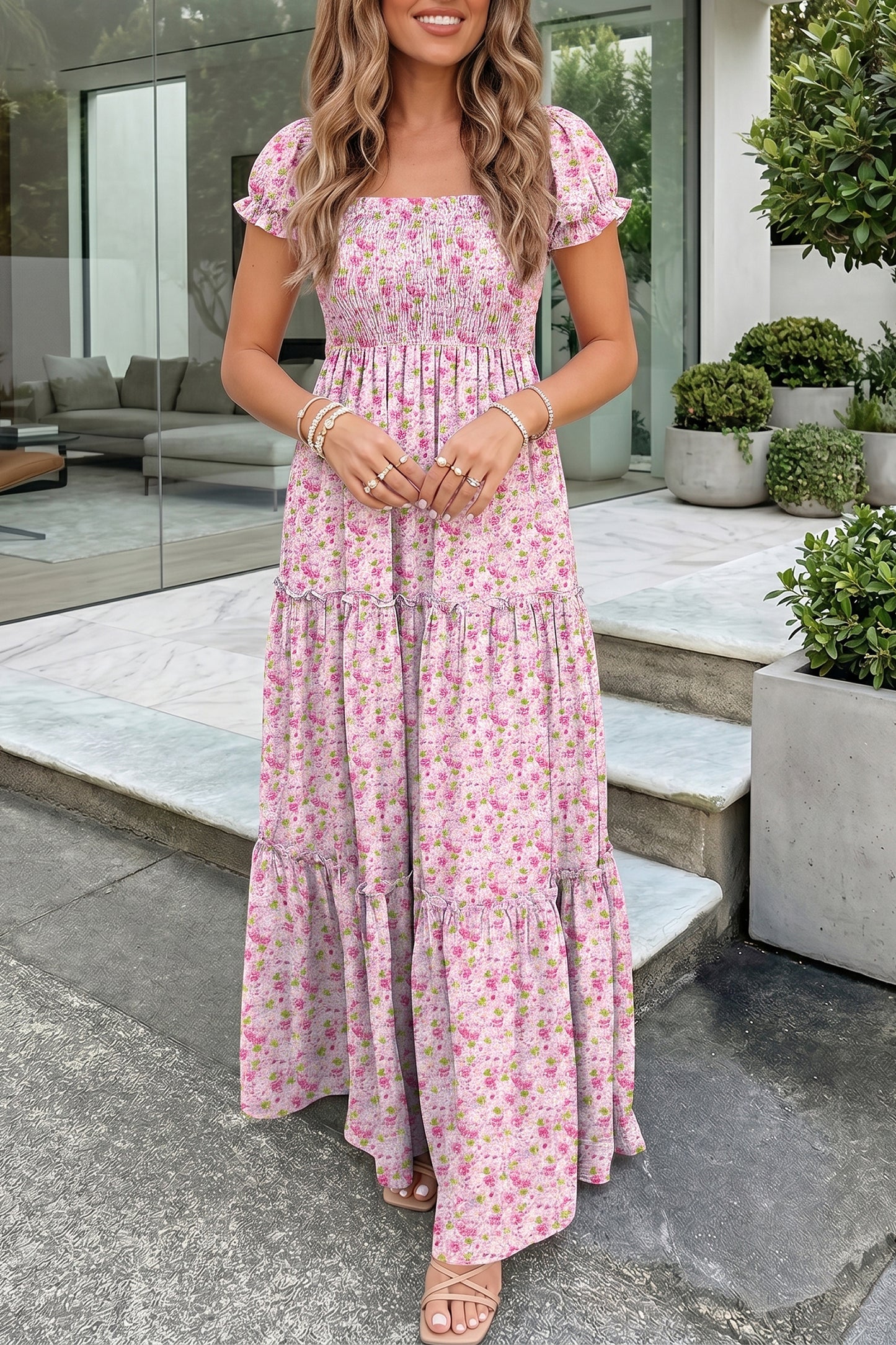 Green Floral Short Bubble Sleeve Shirred High Waist Maxi Dress