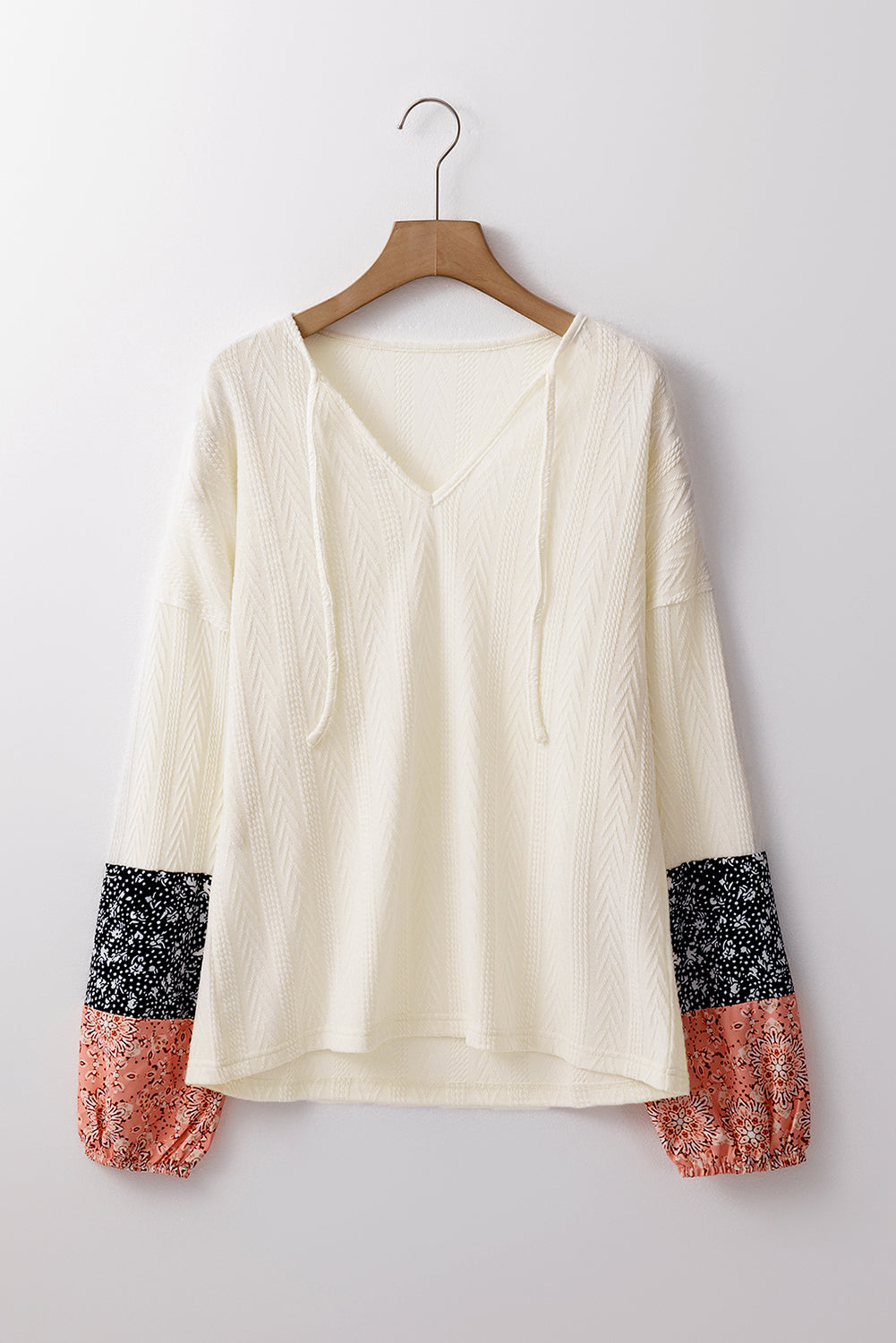 Floral Patchwork Textured Knit Drawstring V Neck Blouse