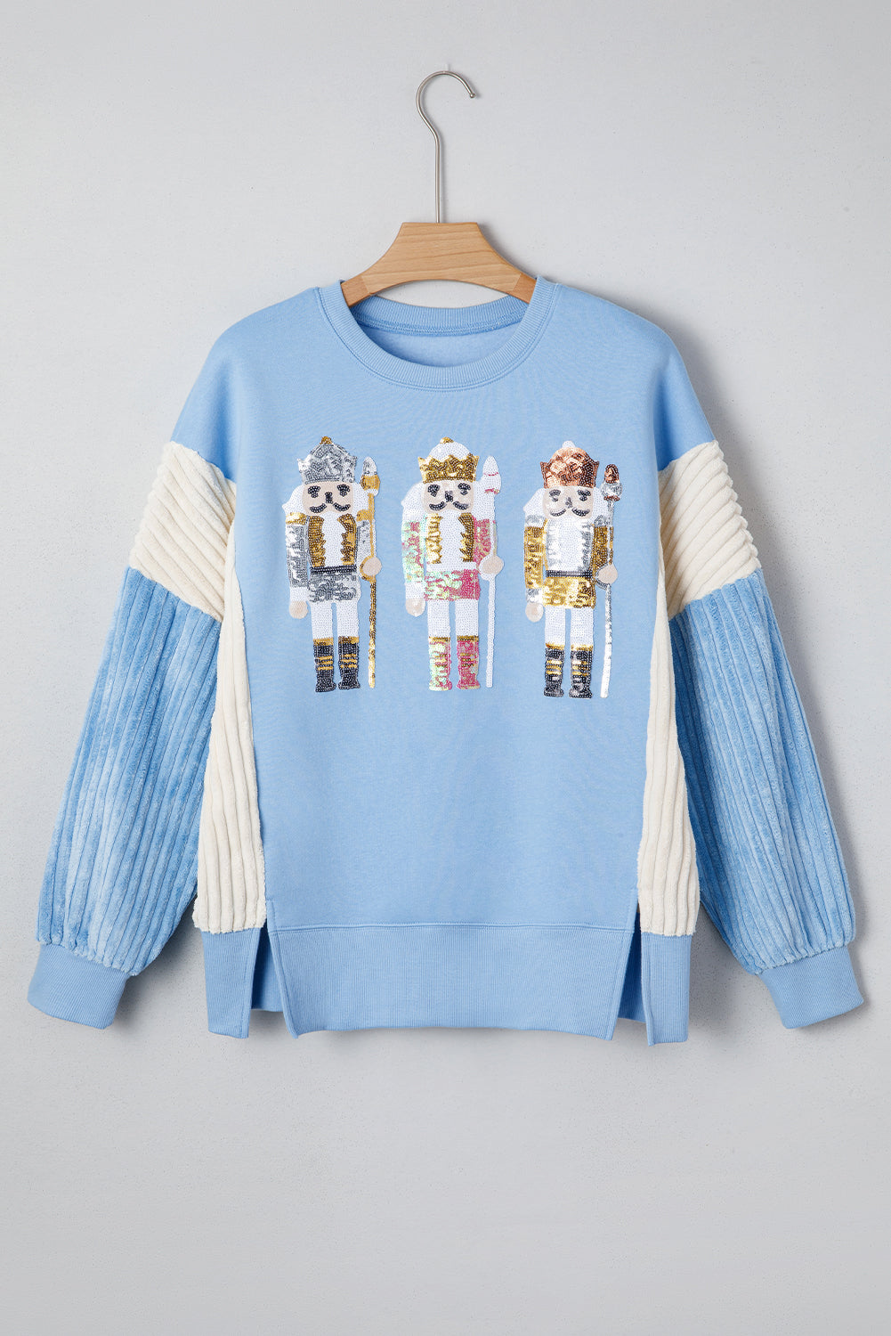 Beau Blue Sequin Nutcracker Textured Sleeve Patchwork Color Block Sweatshirt