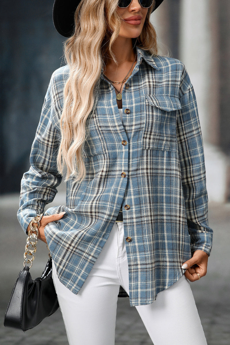 Plaid Button Down Shirt with Chest Pockets and Tie Hem