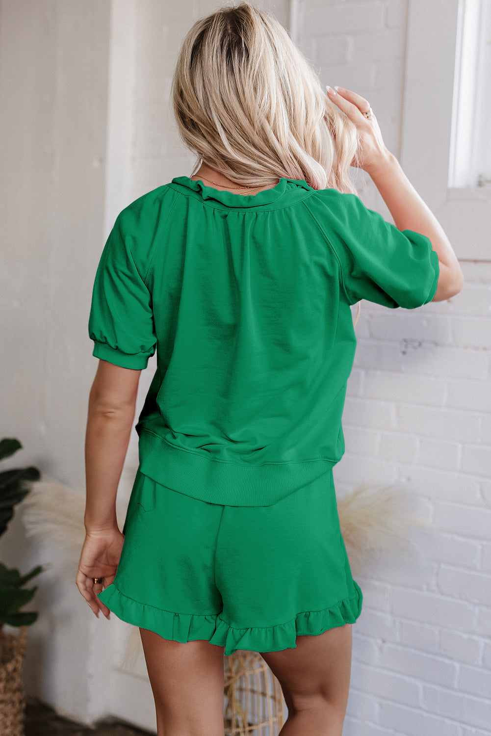 Sea Green Half Zip Puff Sleeve Top and Ruffled Shorts Set