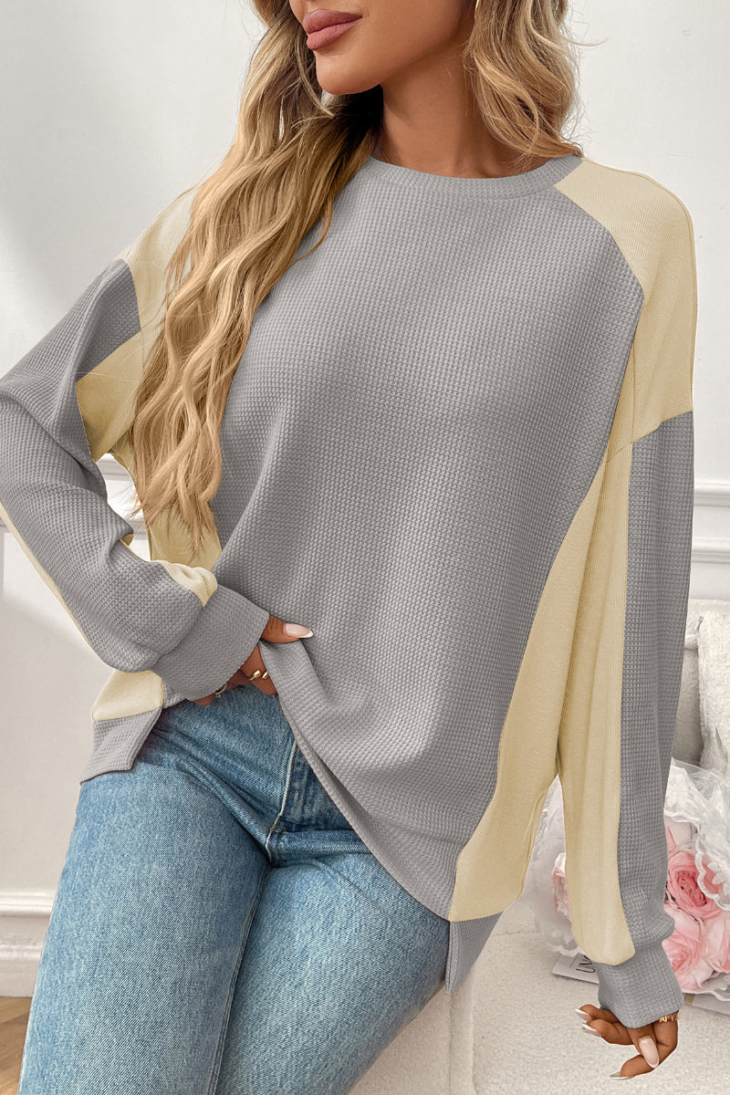 Colorblock Waffle Knit Crewneck Long Sleeve Top Women