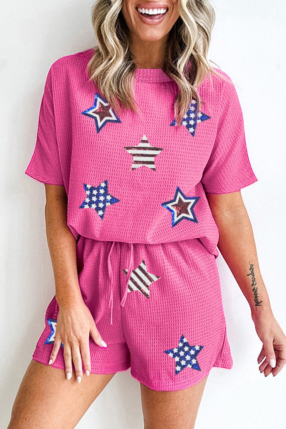 Rose Red Waffle Sequin American Flag Star Graphic 2 Piece Shorts Set