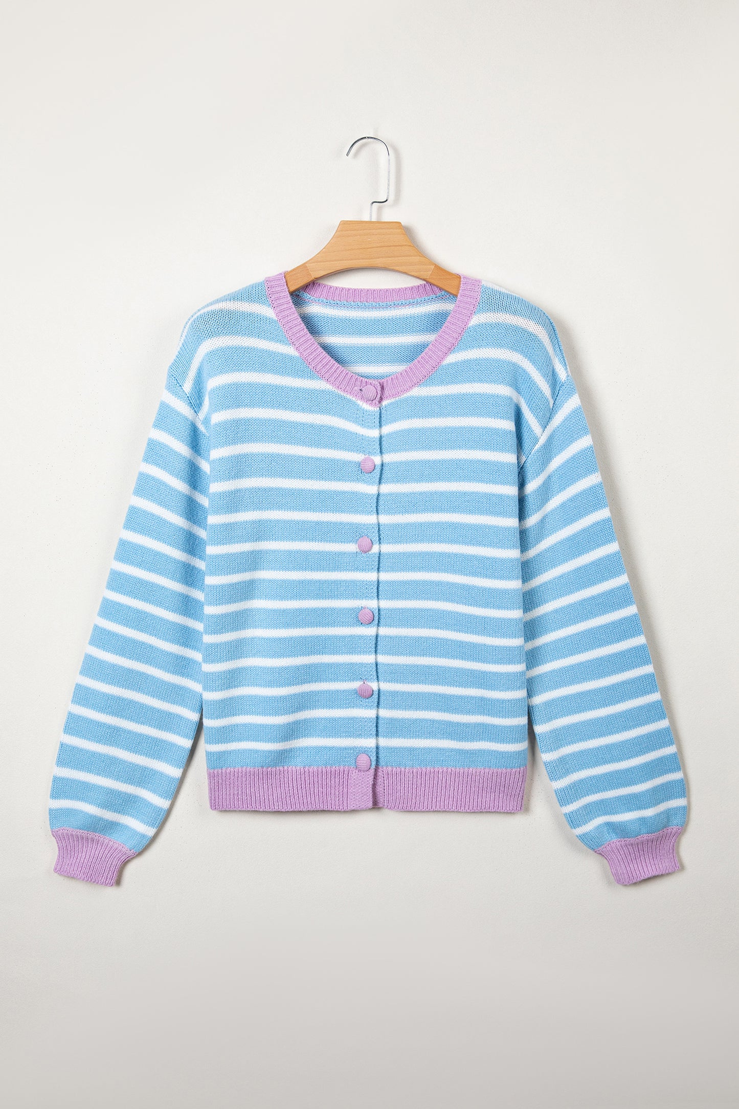 Sky Blue Stripe Contrast Trim Button Down Casual Sweater Cardigan