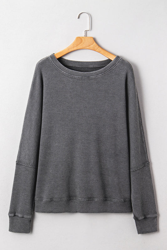 Dark Grey Waffle Knit Patchwork Long Sleeve Loose Top