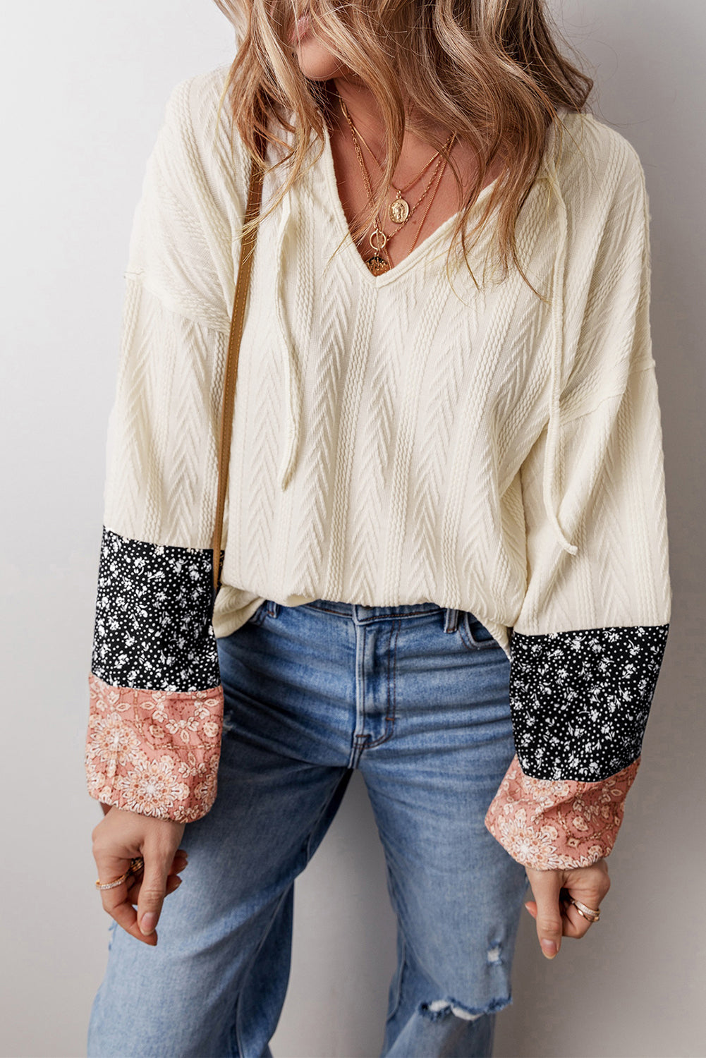 Floral Patchwork Textured Knit Drawstring V Neck Blouse