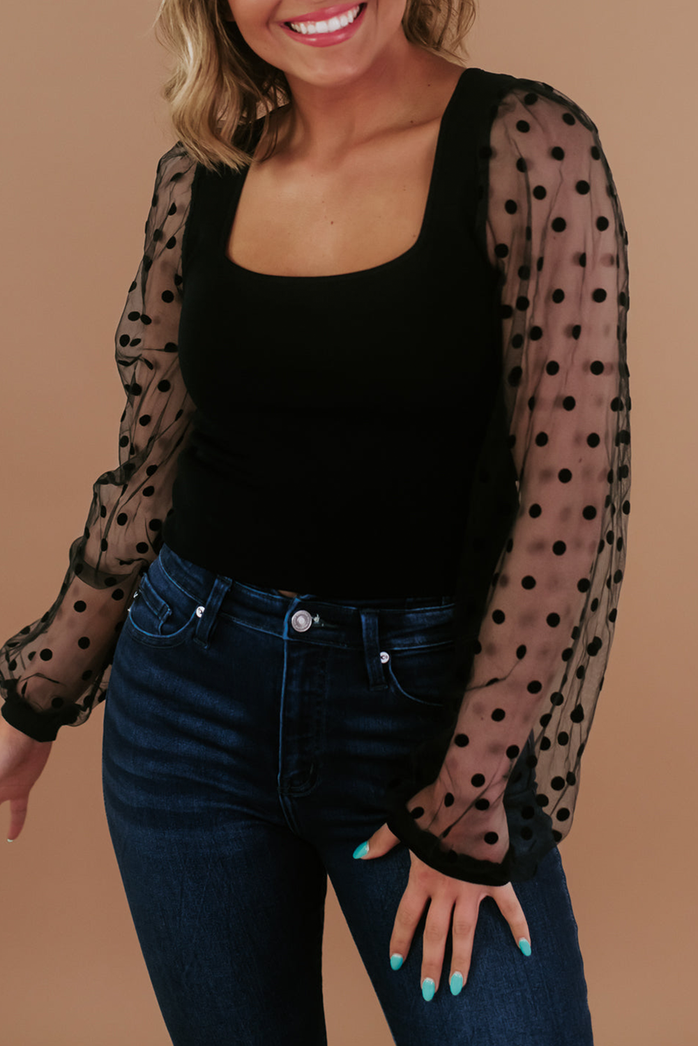 Black Polka Dot Mesh Puff Sleeve Patchwork Ribbed Square Neck Slim Top