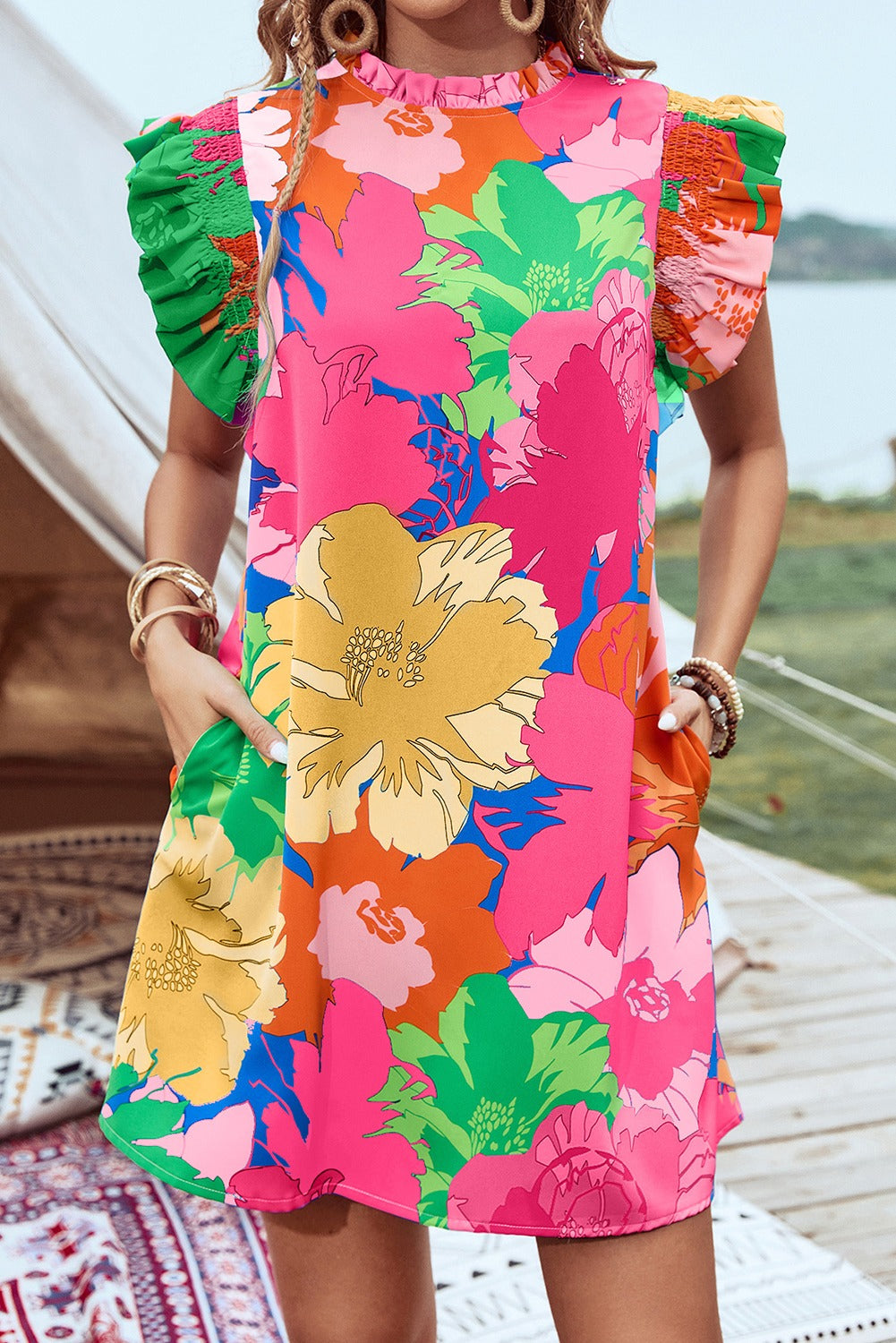 Blue Bold Floral Flutter Sleeve Shift Mini Dress with Pockets