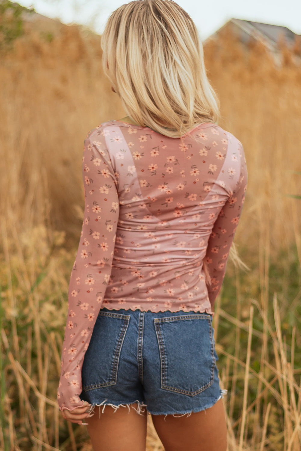 Laurel Green Vintage Floral Print Southern Style Mesh Long Sleeve Top