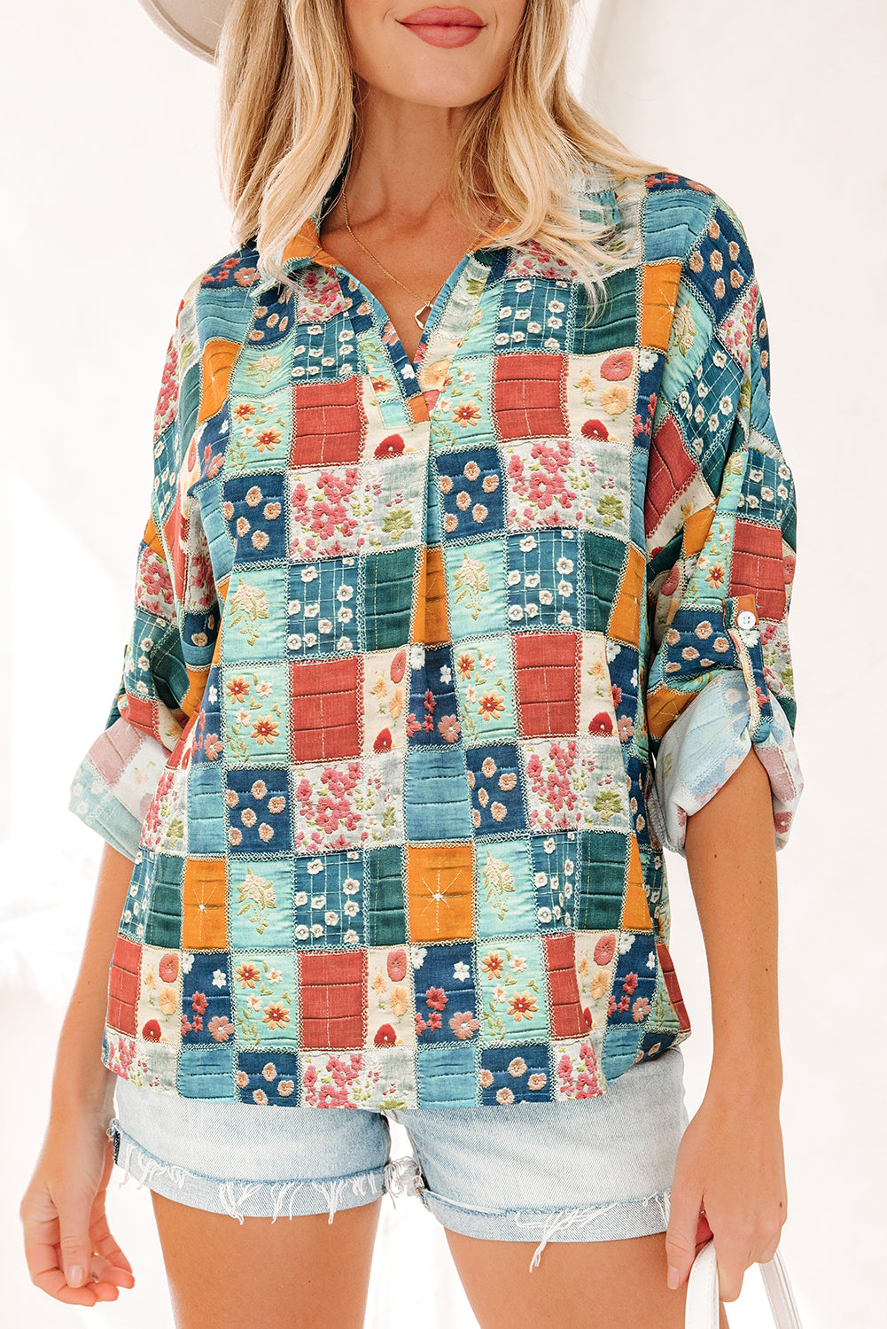 Blue Floral Collared V Neck Roll up Sleeve Shift Blouse