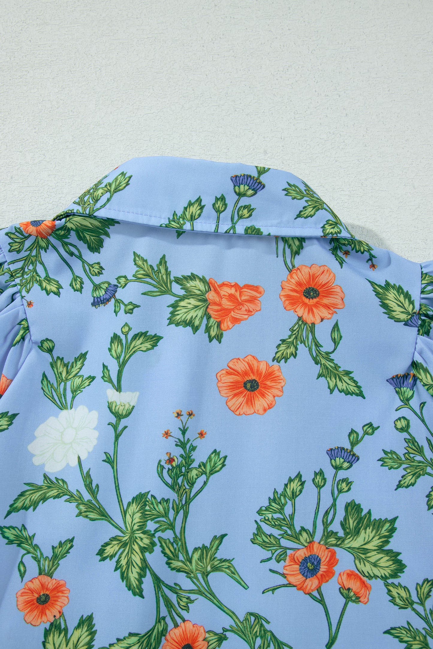 Sky Blue Floral Print Bracelet Sleeve Button Down Casual Shirt