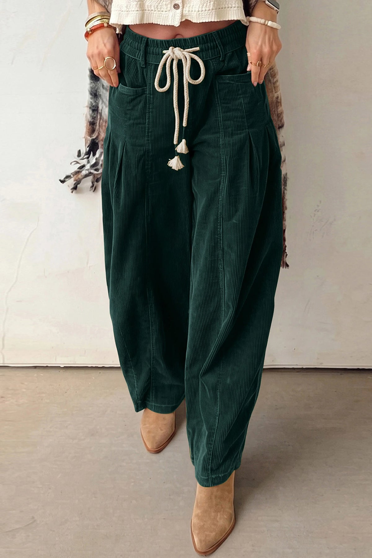 Racing Red Elastic Waist Drawstring Corduroy Casual Pants