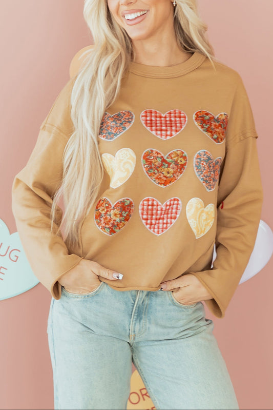 Straw Yellow Plaid Floral Heart Stitched Exposed Seam Mineral Wash Sweatshirt