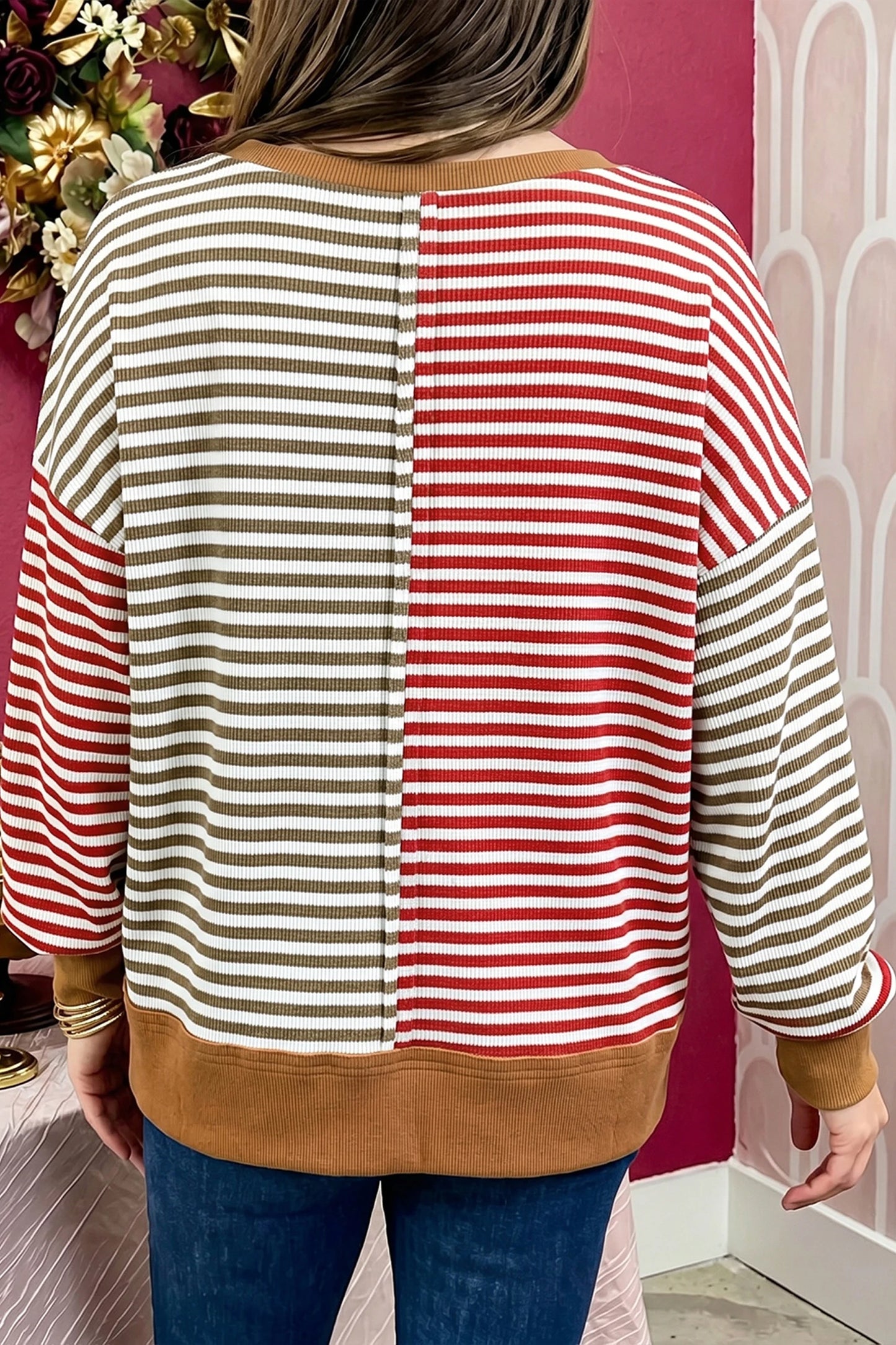 Stripe Striped Colorblock V Neck Long Sleeve Tunic Pullover