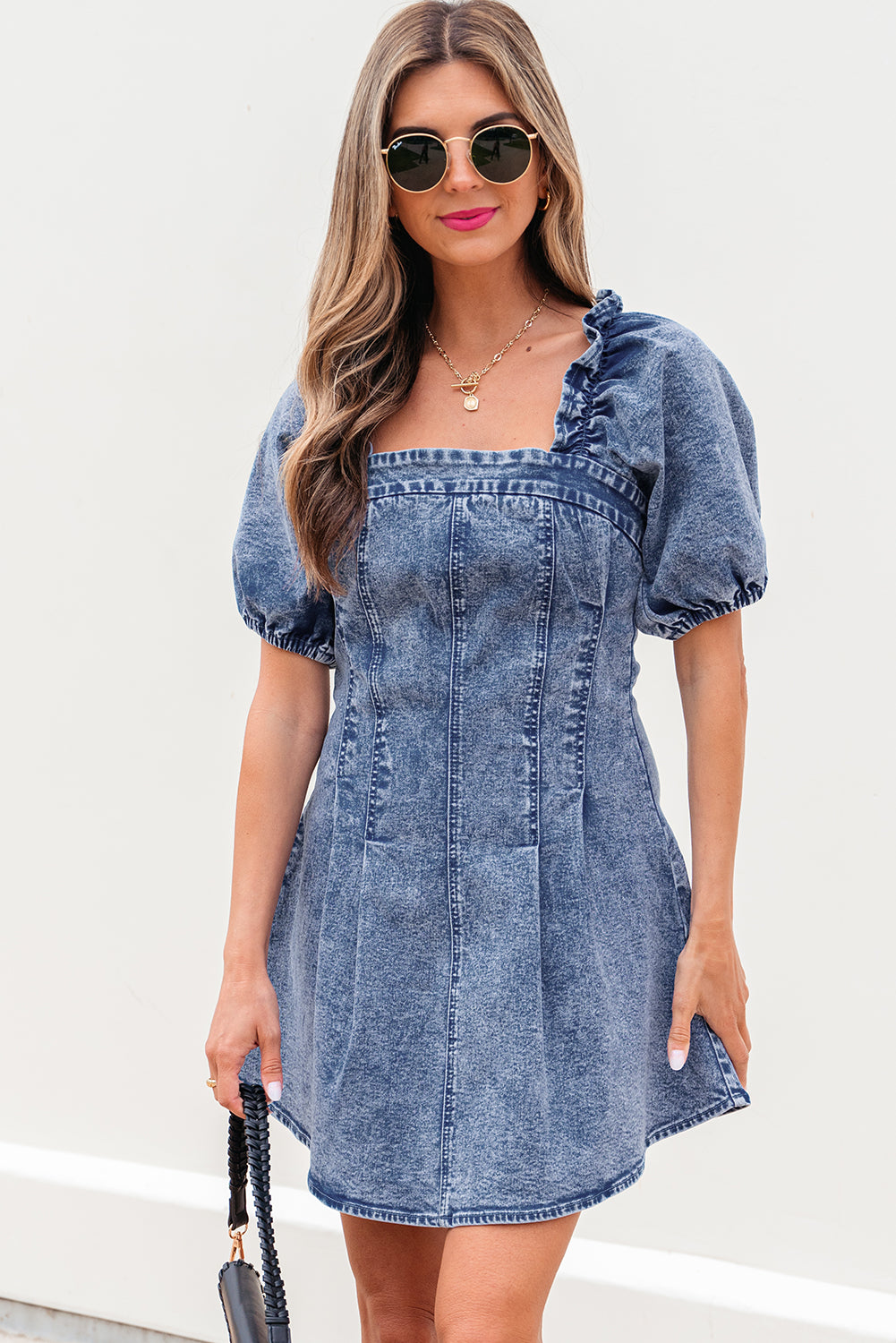 Frilly Square Neck Puff Sleeve Denim Bustier Dress