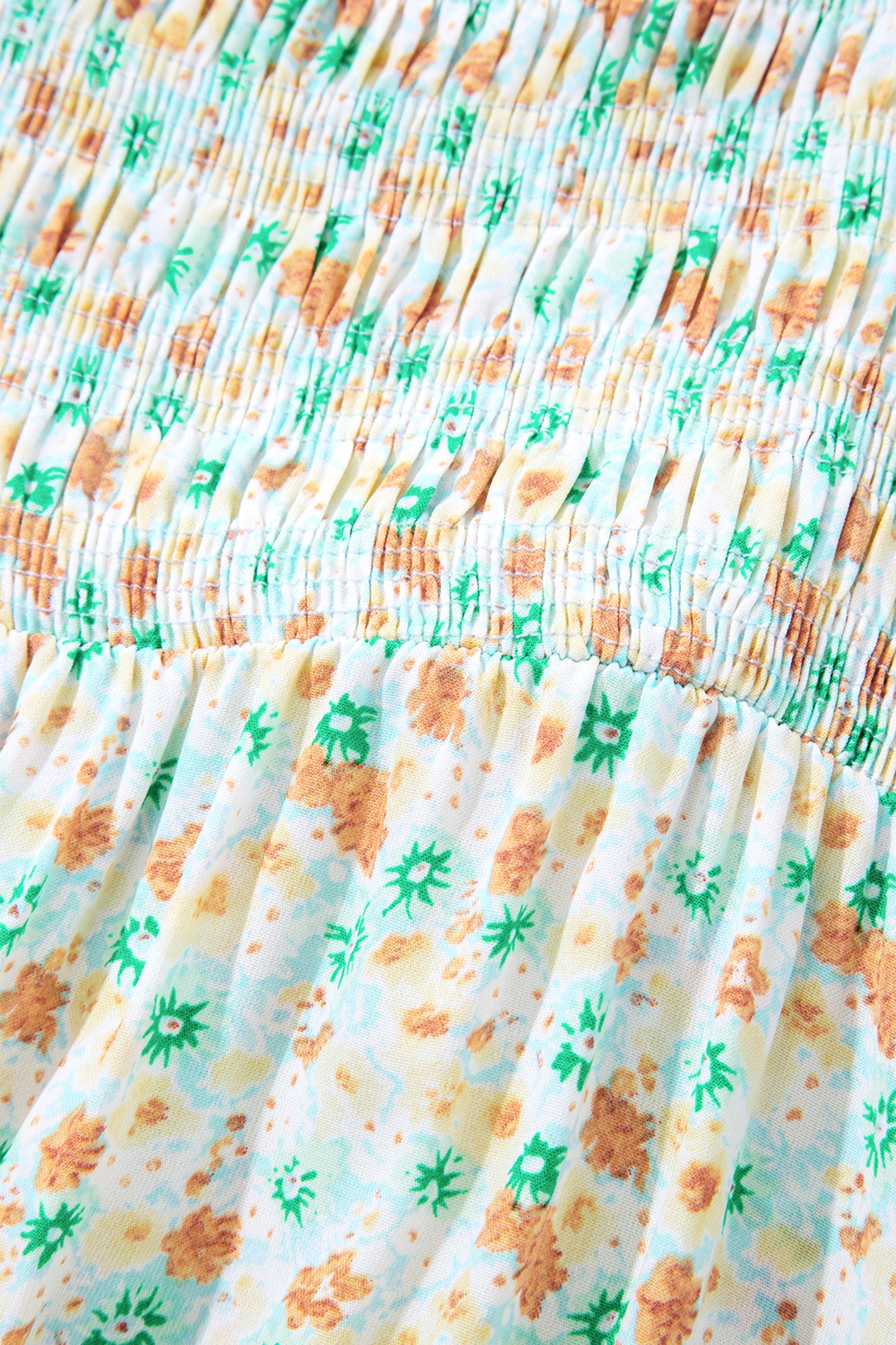 Green Floral Short Bubble Sleeve Shirred High Waist Maxi Dress