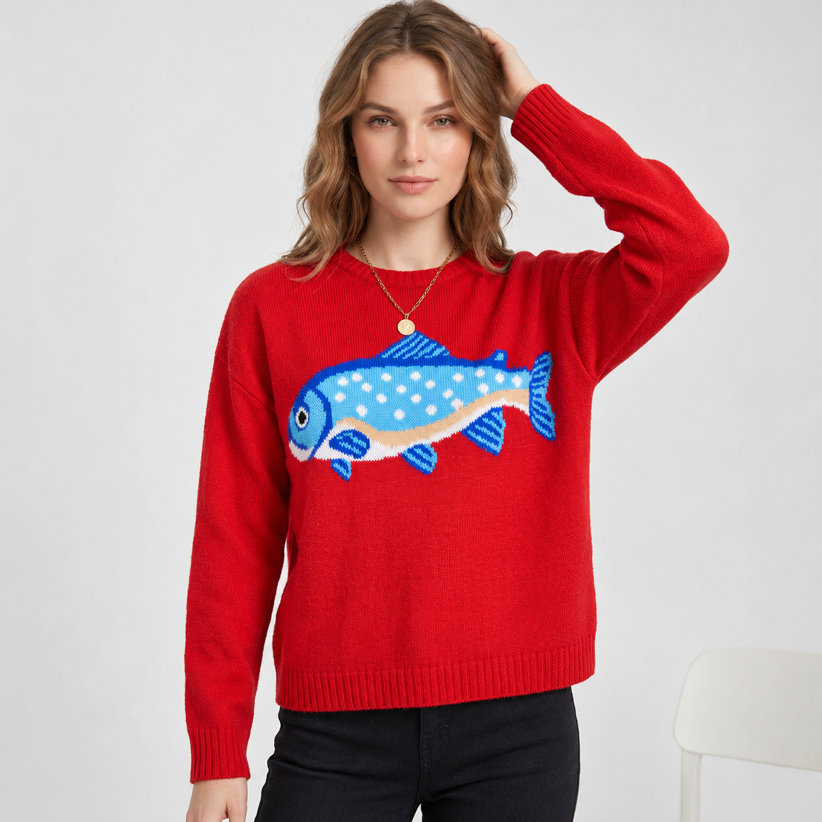 Women's Oversized Crew Neck Fish Graphic Knit Sweater