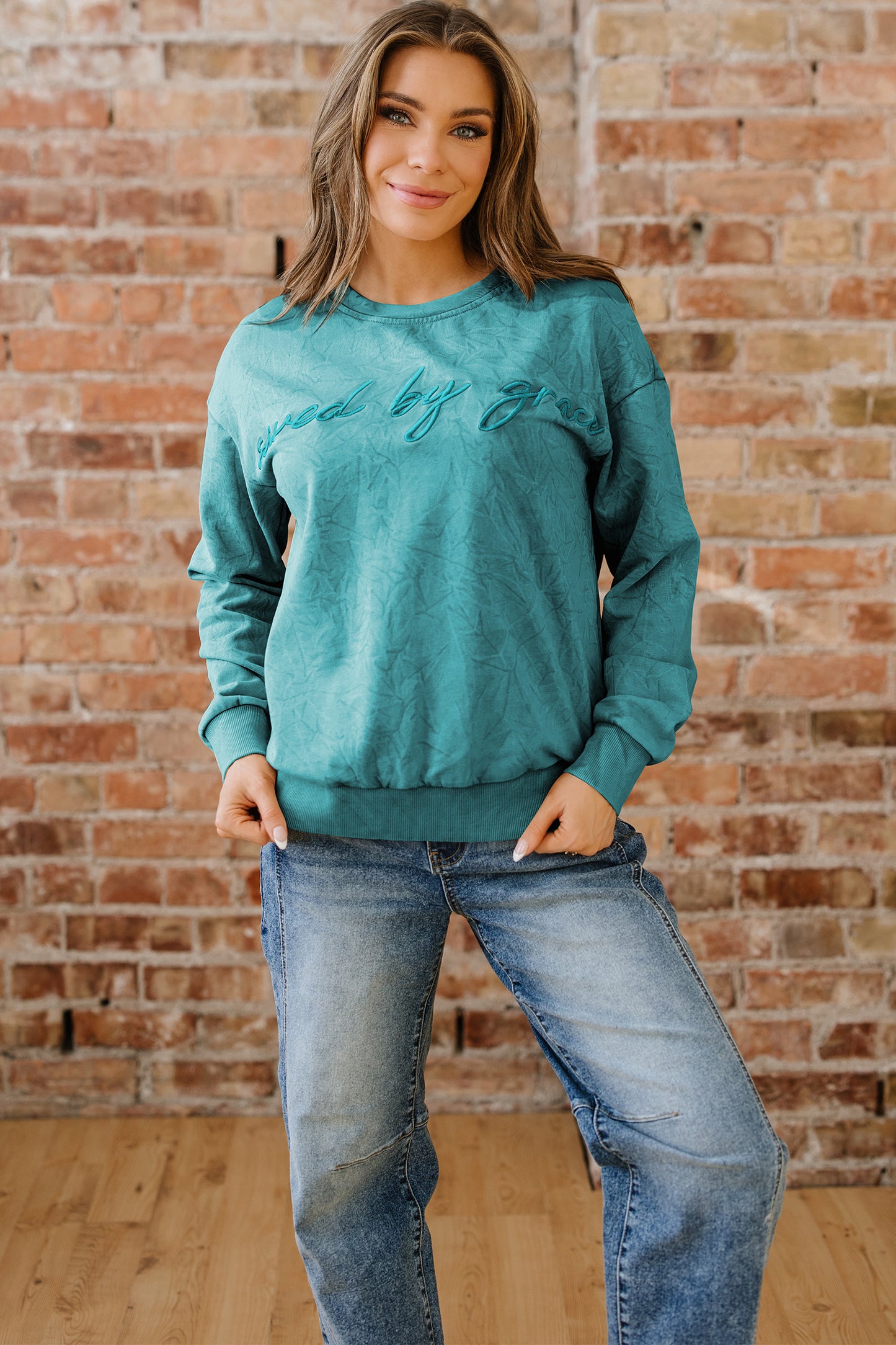 Saved by grace Letter Embroidery Mineral Wash Loose Sweatshirt
