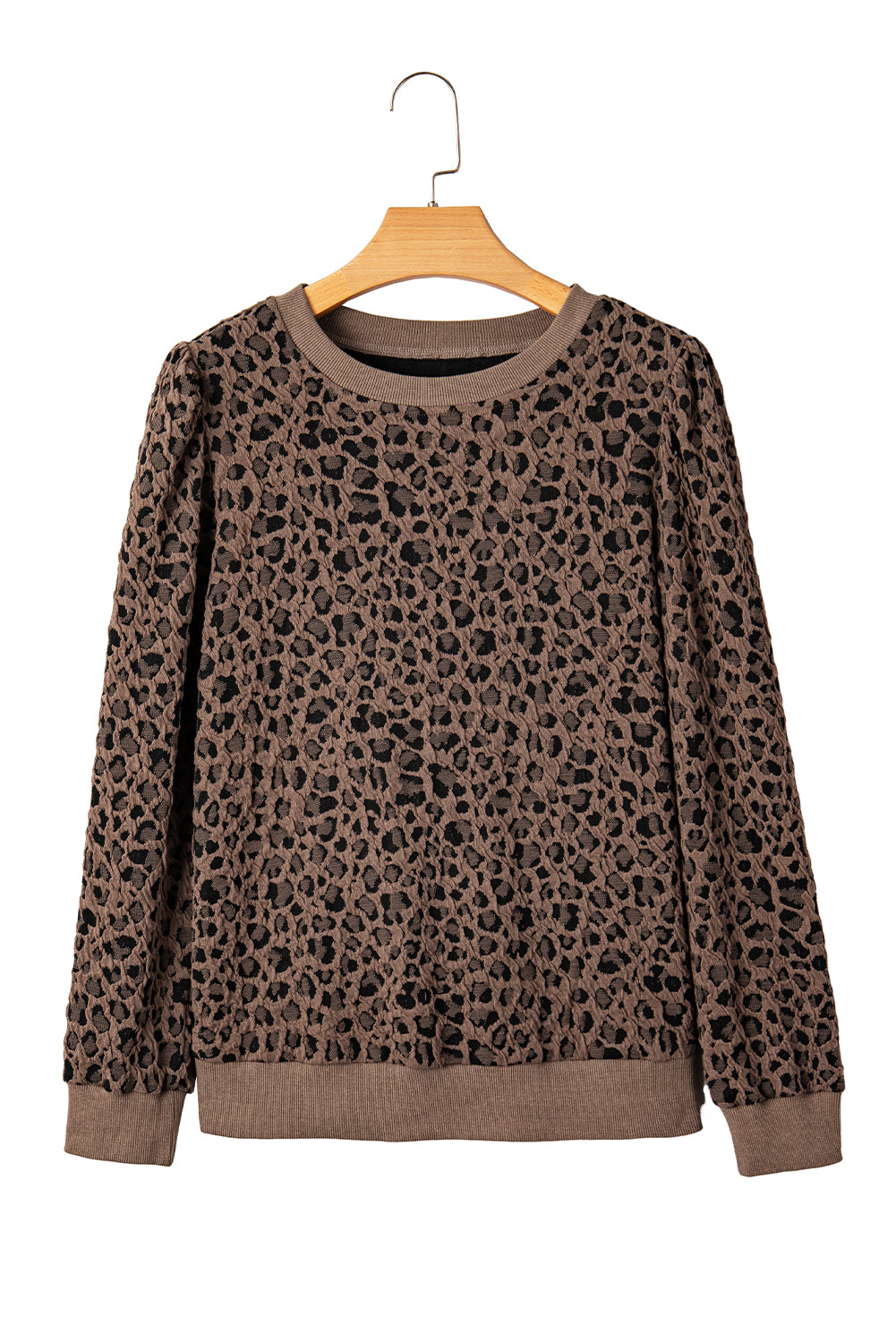 Brown Ribbed Trim Leopard Print Long Sleeve Top