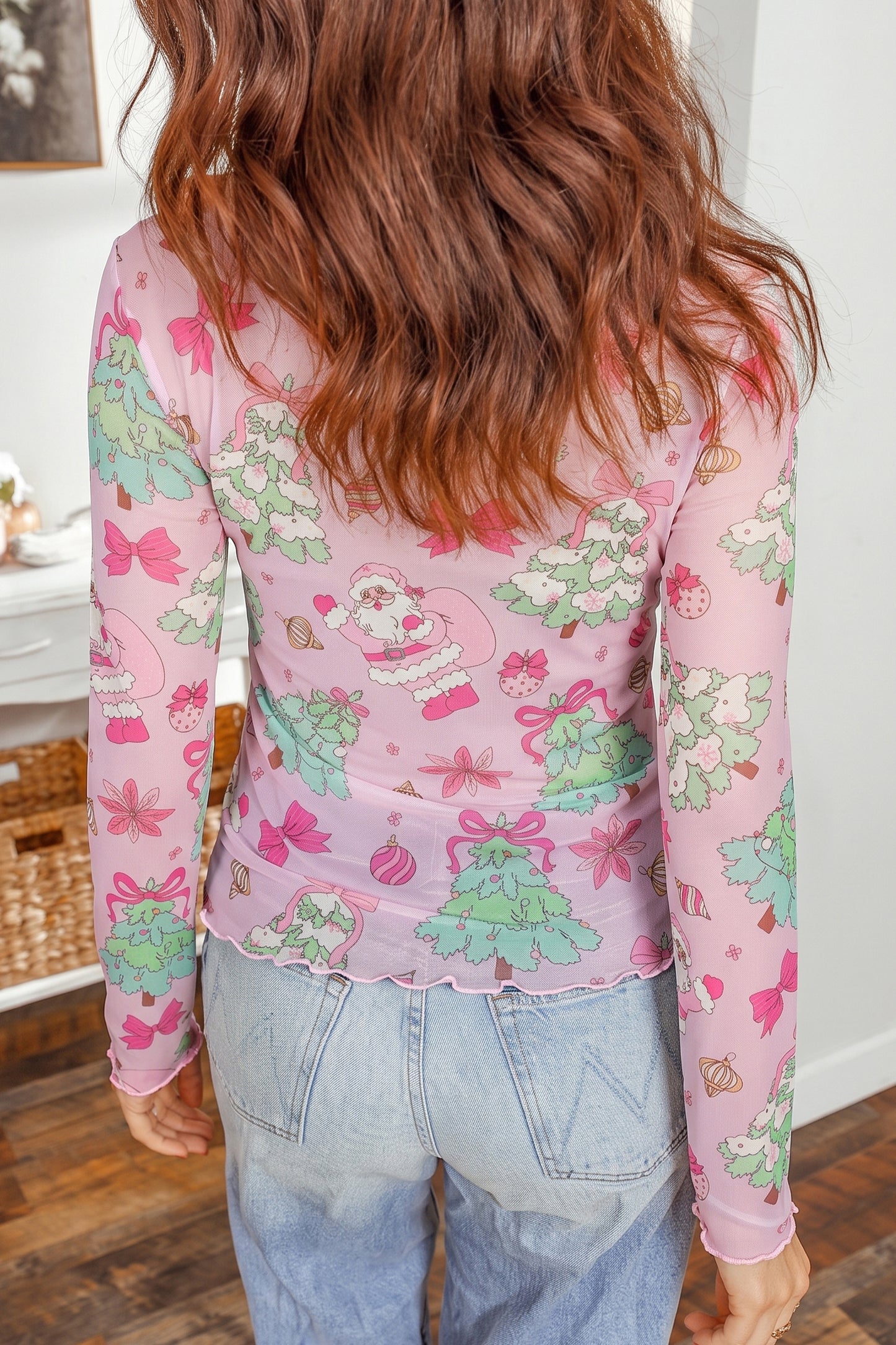 Pink Abstract Print Stand Neck Slim Fit Long Sleeve Top