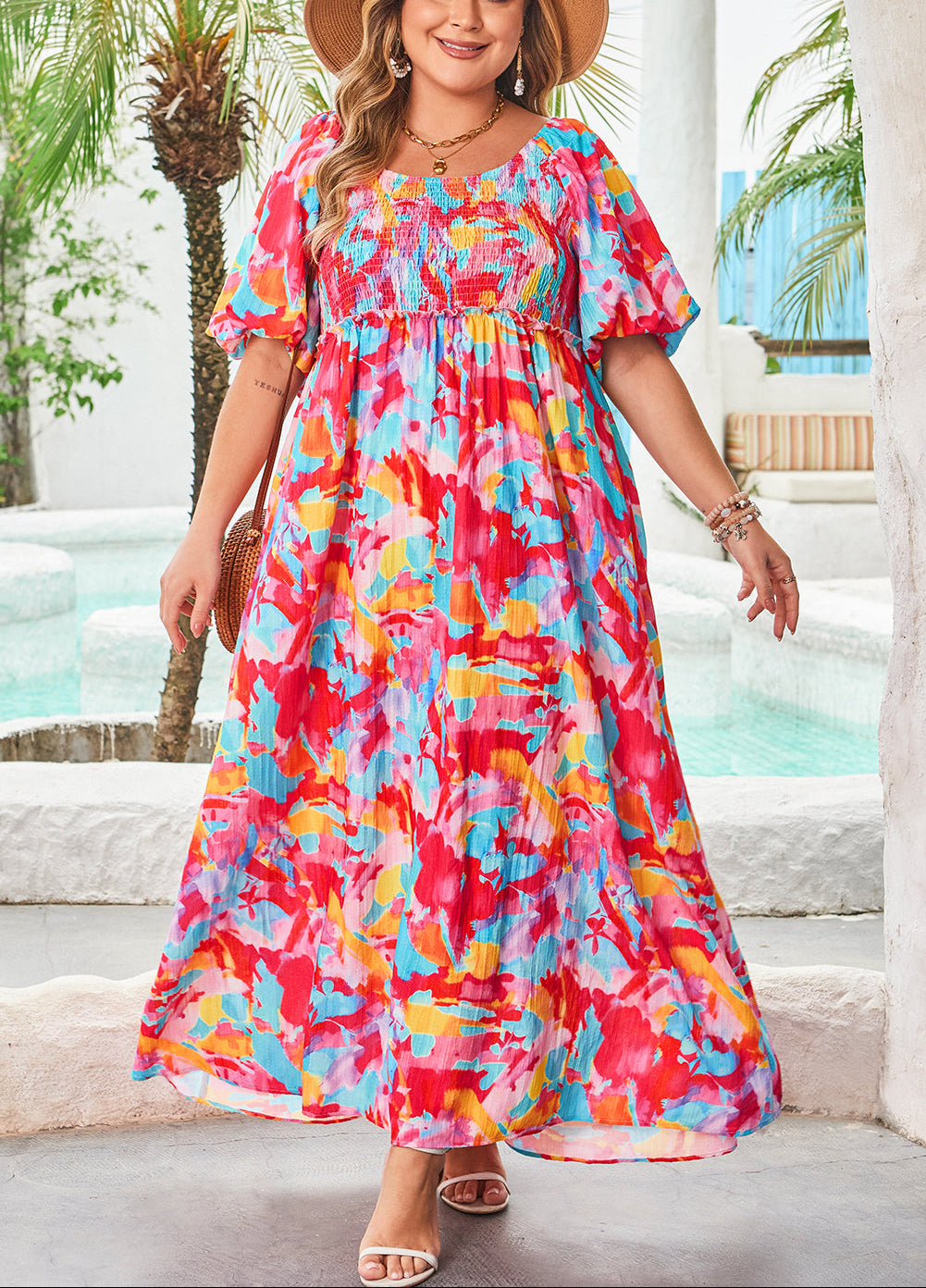 Rose Abstract Printed Puff Sleeve Square Neck Smocked Bust Tied Back Plus Size Dress