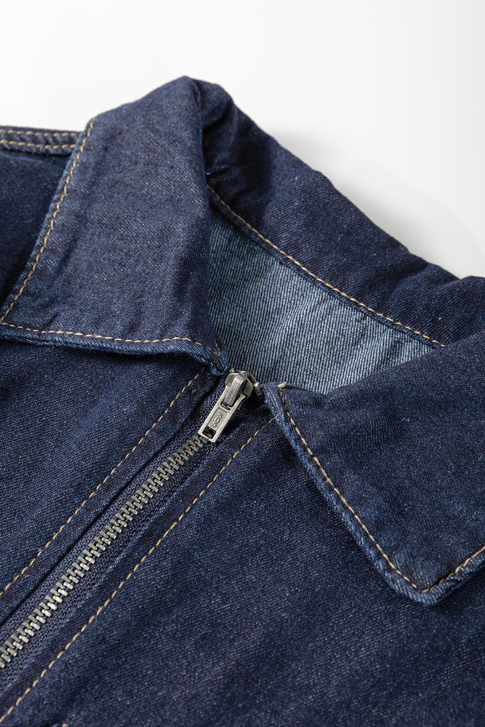 Puff Sleeve Zipper Front Denim Mini Dress with High Waist
