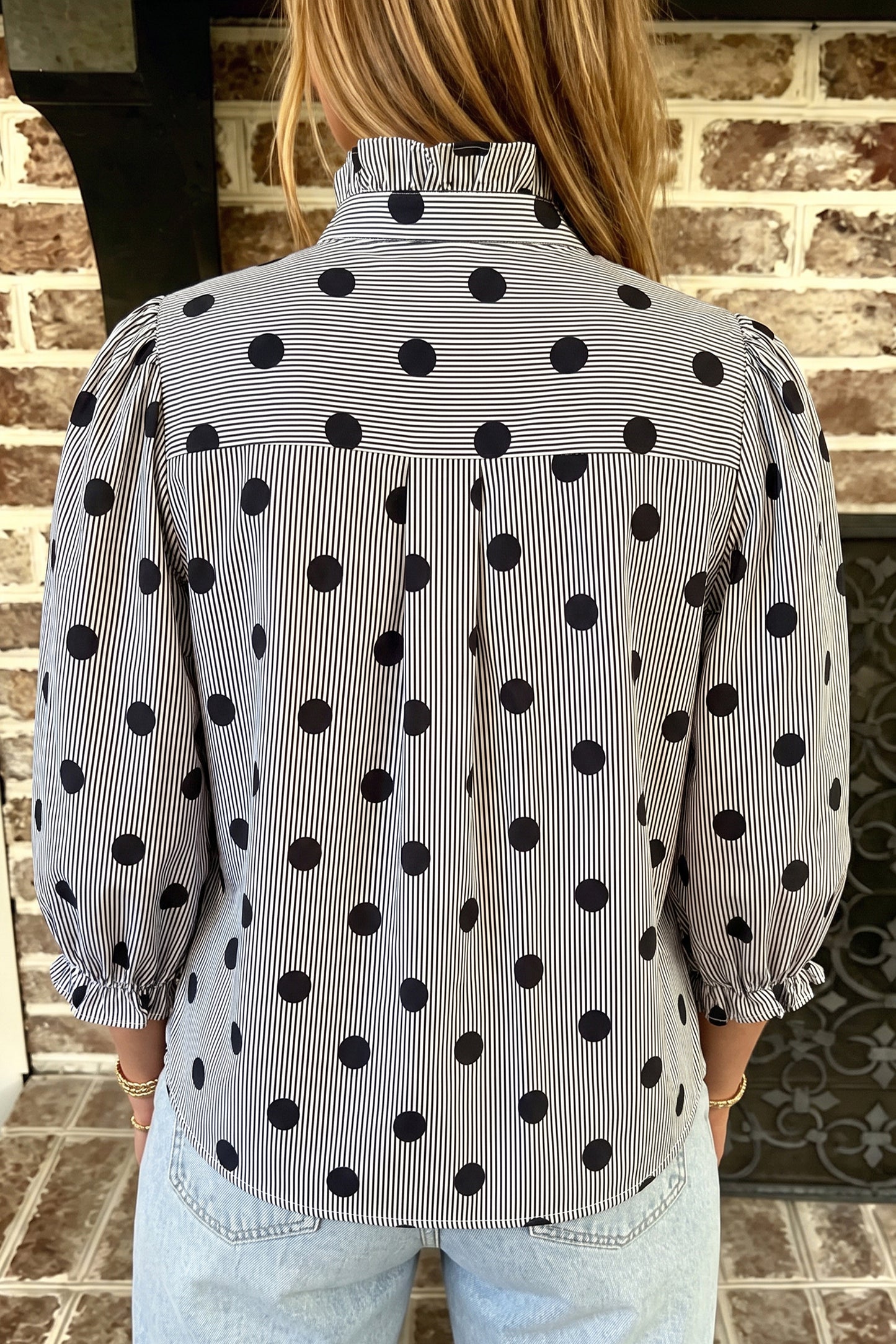 Black white Polka Dot Striped Print Ruffle Stand Neck 3/4 Sleeve Shift Shirt
