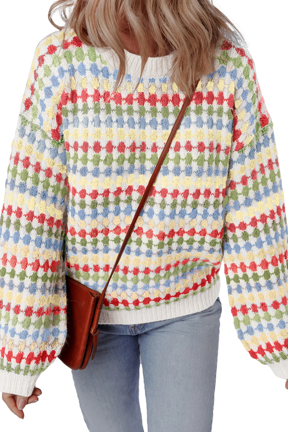 Dotty Striped Pattern Knit Drop Shoulder Sweater