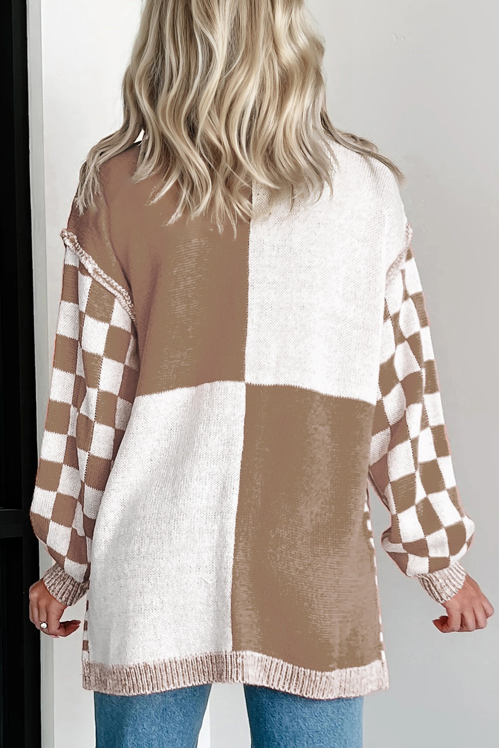 Orange Checkered Bubble Sleeve Drop Shoulder Open Cardigan