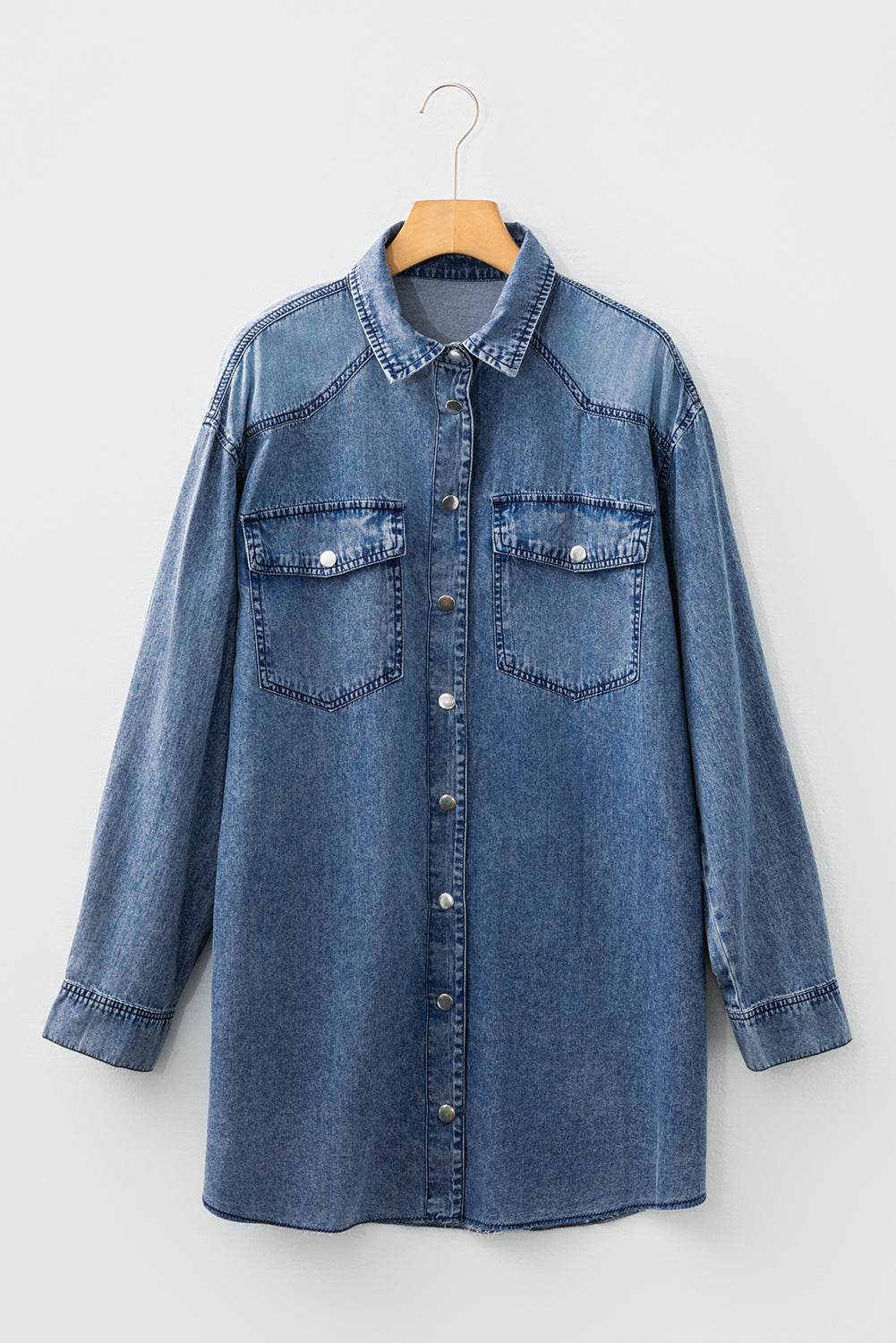 Beau Blue Chest Pocket Raw Hem Denim Loose Shirt Dress