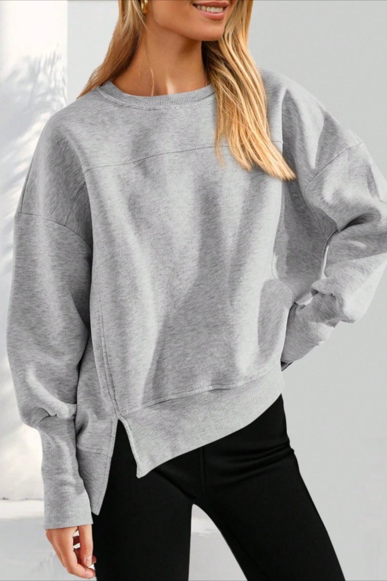 Solid Sweatshirt Casual Oversized Side Slit Pullover