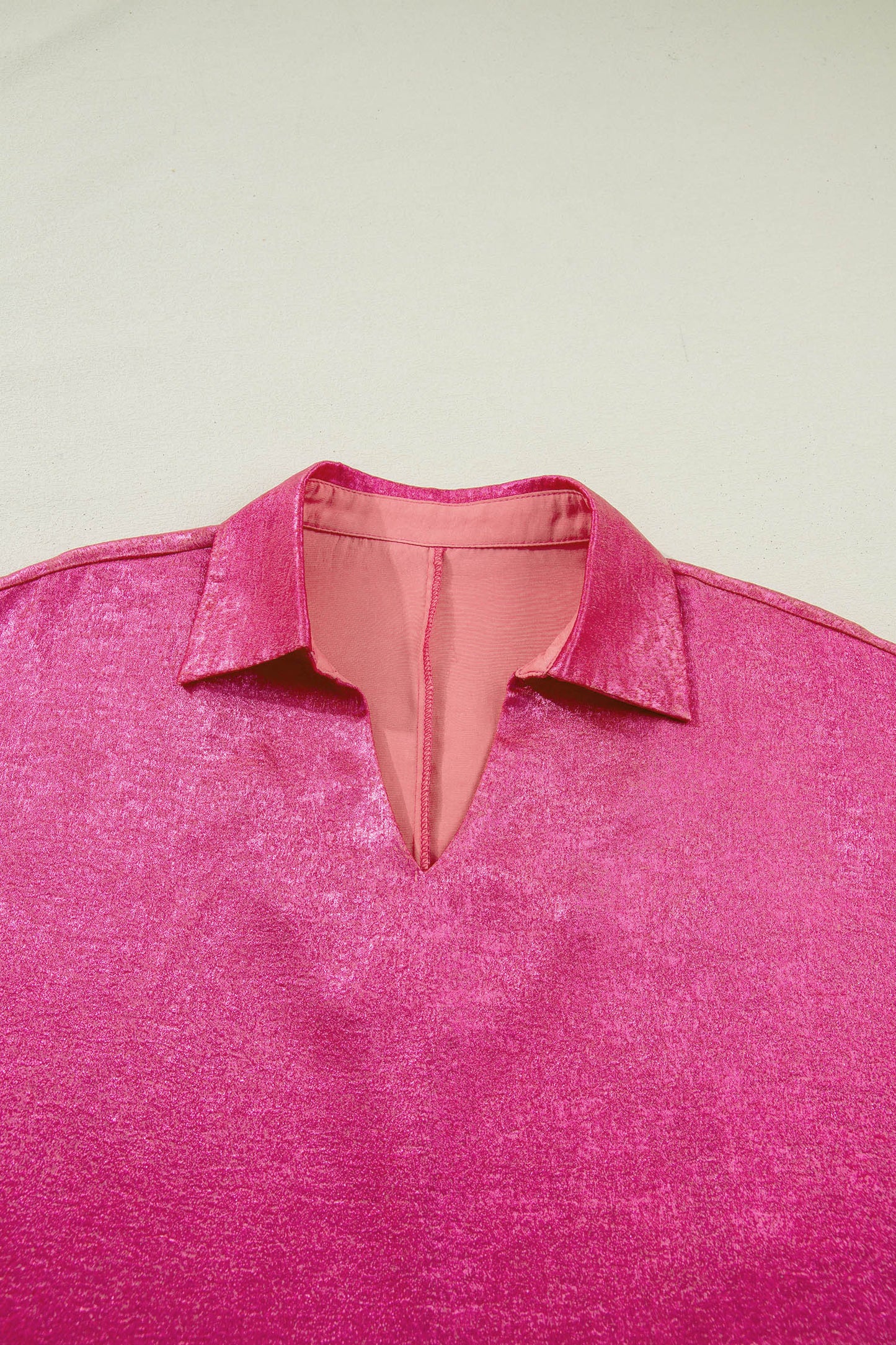 Strawberry Pink Collared V Neck Half Sleeve Metallic Top