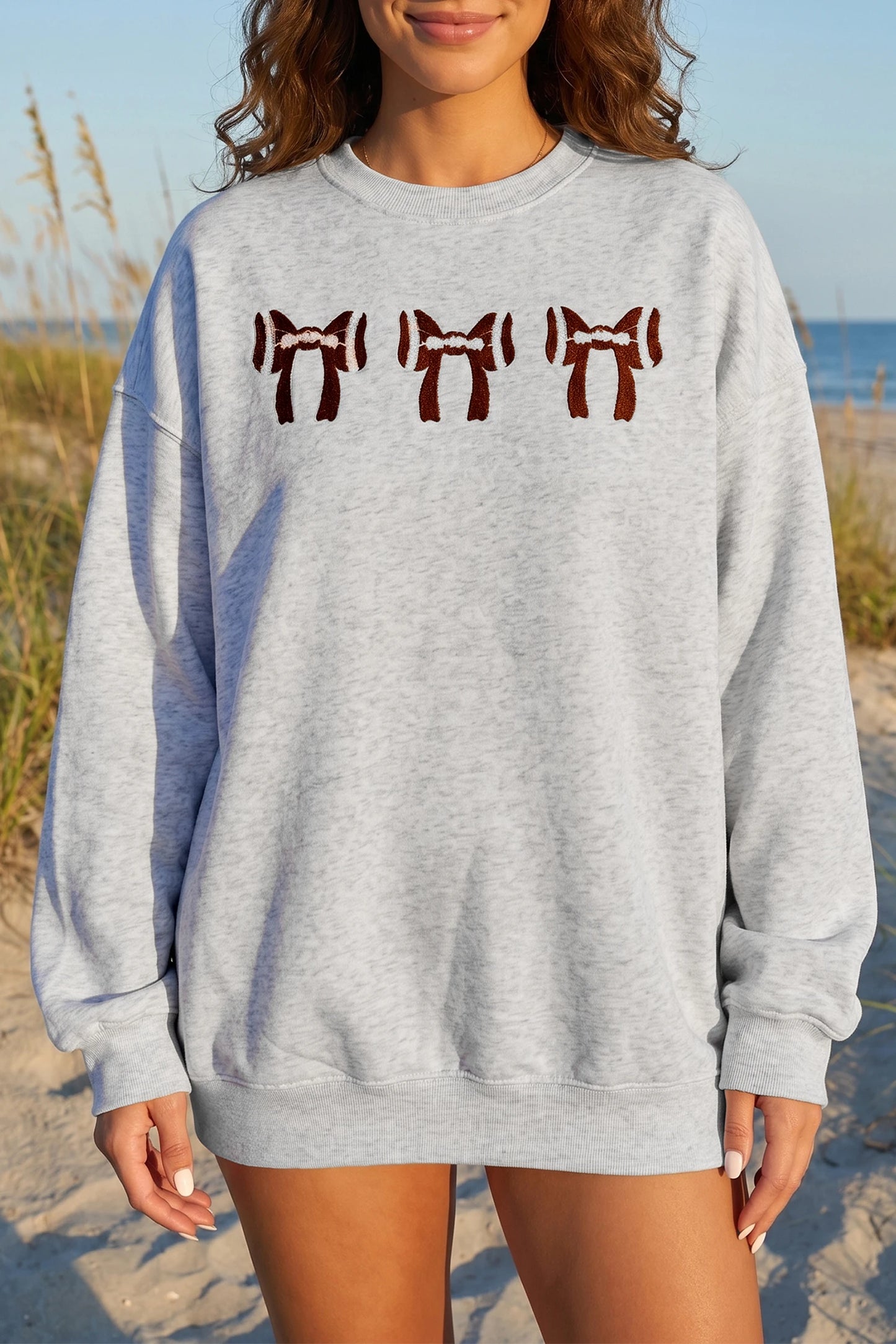 Chenille Embroidered Rugby Bow Game Day Oversized Sweatshirt