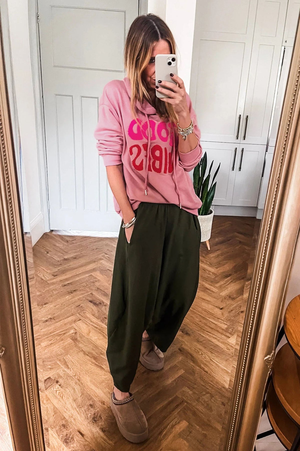 Gossamer Pink GOOD VIBES Chenille Letter Graphic Casual Hoodie