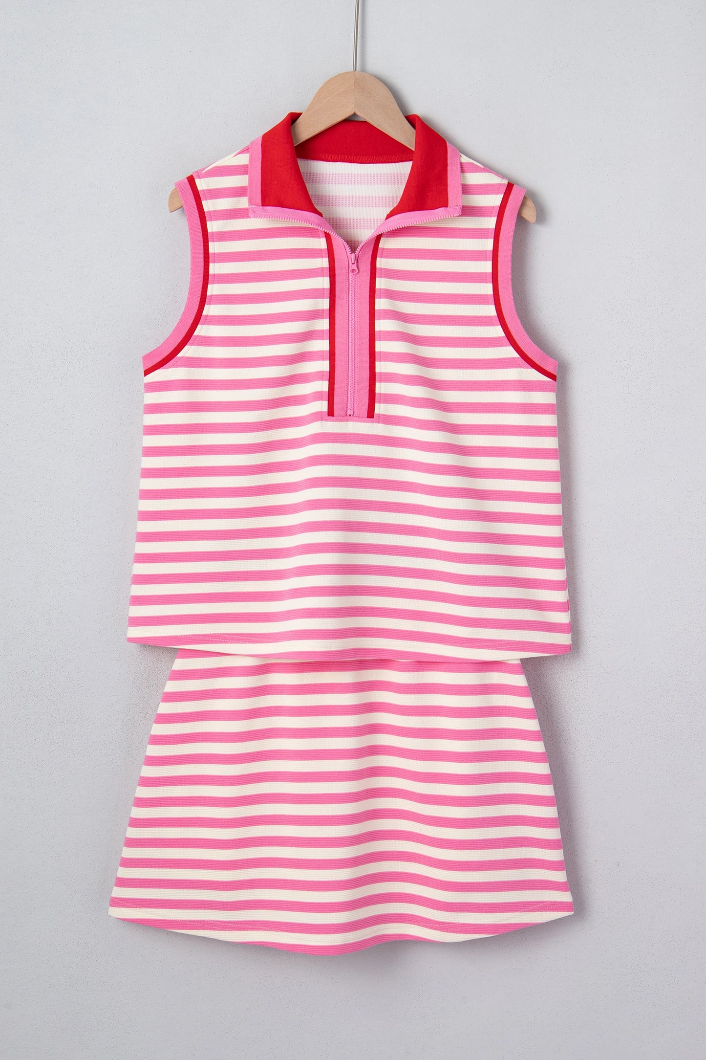 Textured Stripe Print Contrast Trim Zip Collar Sleeveless 2pcs Skort Set