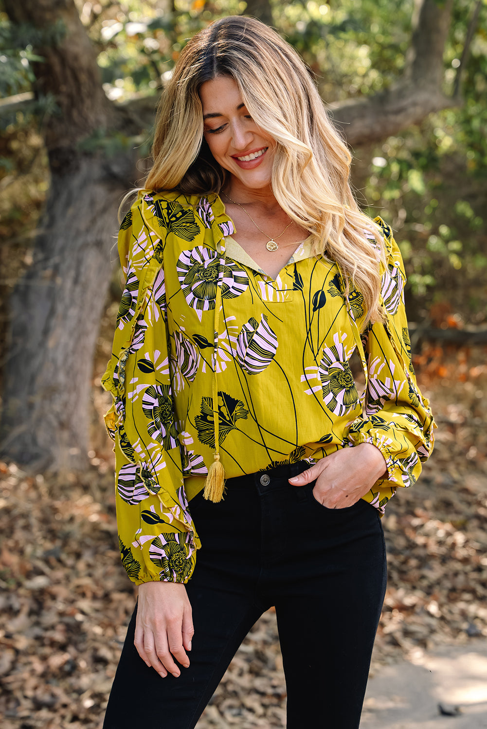 Yellow Vintage Floral V Neck Ruffle Trim Long Sleeve Blouse
