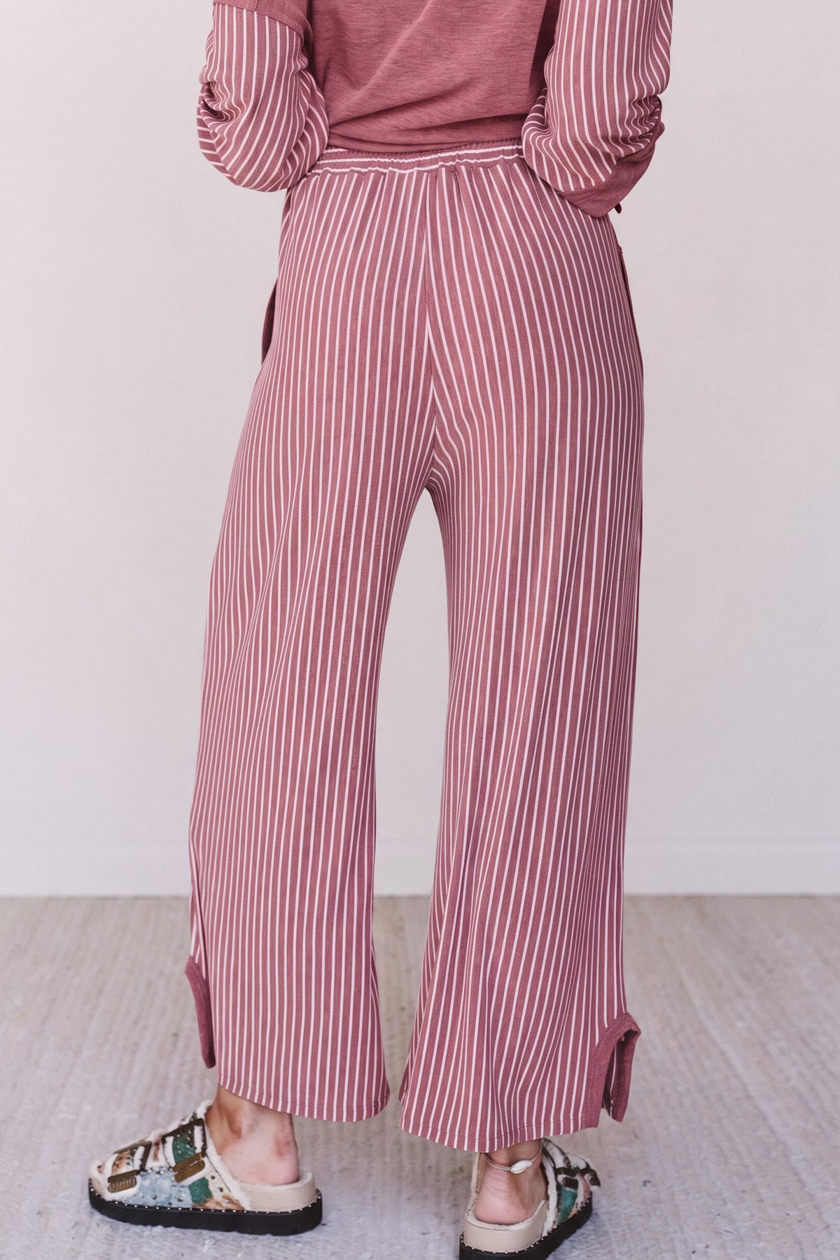 Fushia Raw Seam Patchwork Long Sleeve Top Pocket Casual Pants 2pcs Set