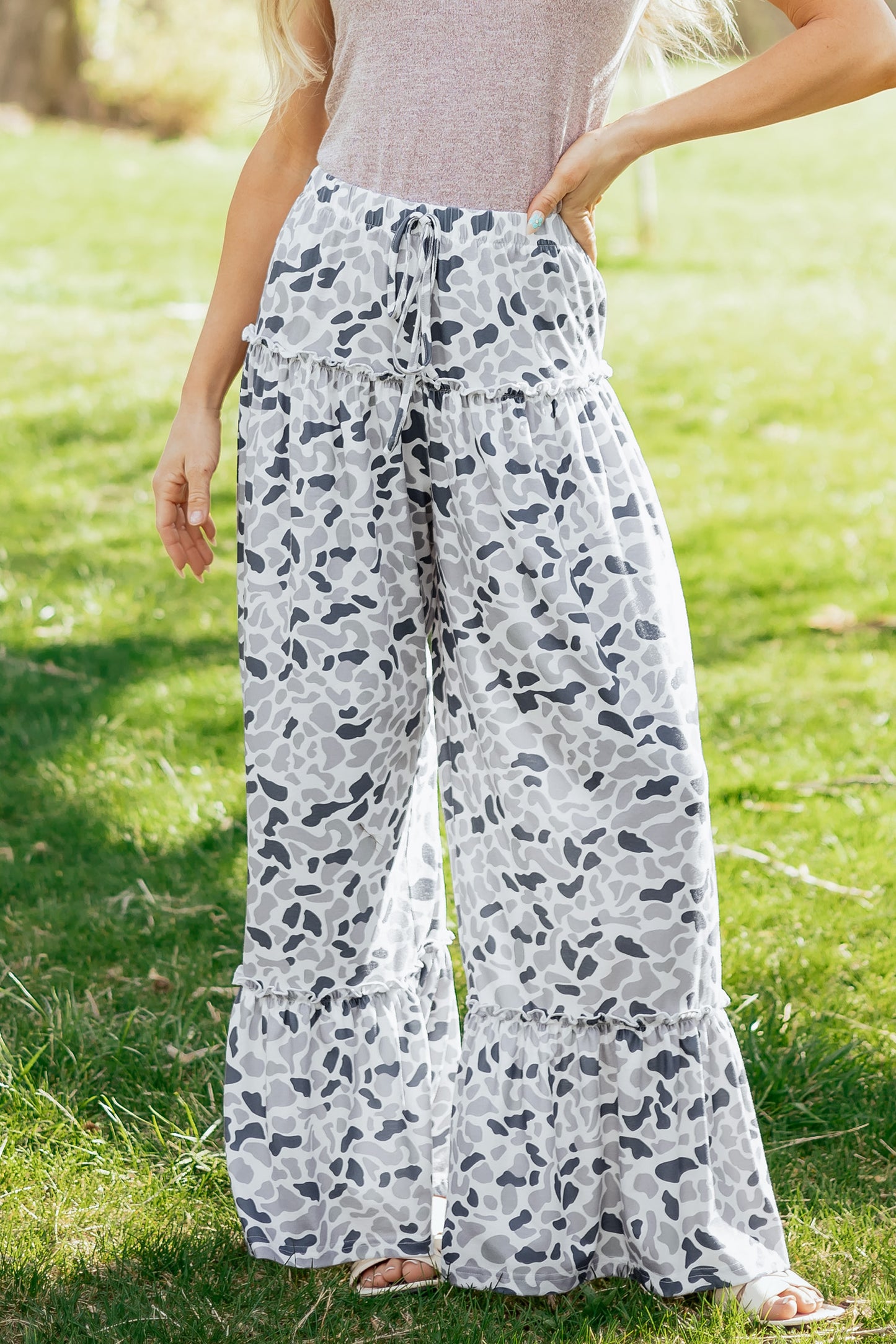 Beige Camo Print Wide Leg Casual Pants