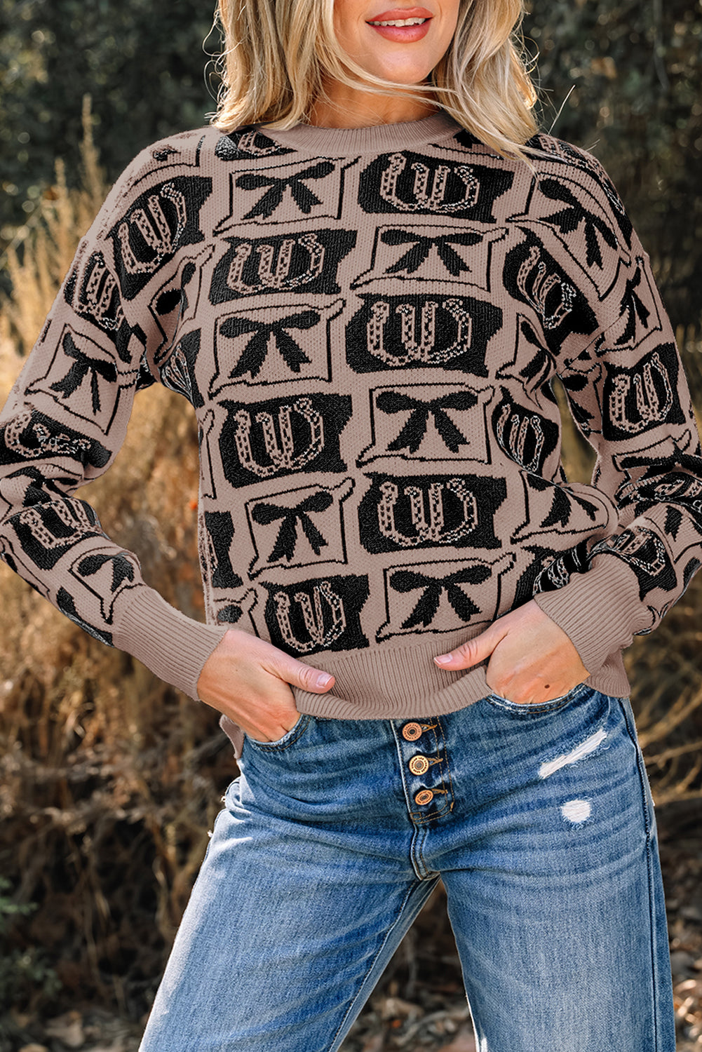 Brown Bows & Horseshoes Pattern Western Fashion Print Sweater
