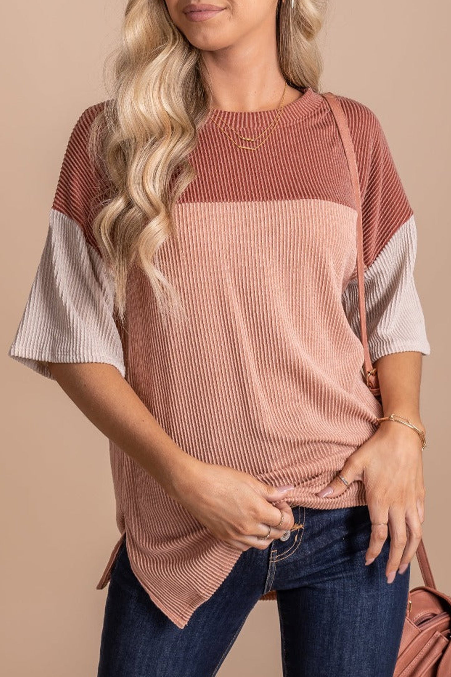Mint Green Color Block Ribbed Side Slits Half Sleeve Top