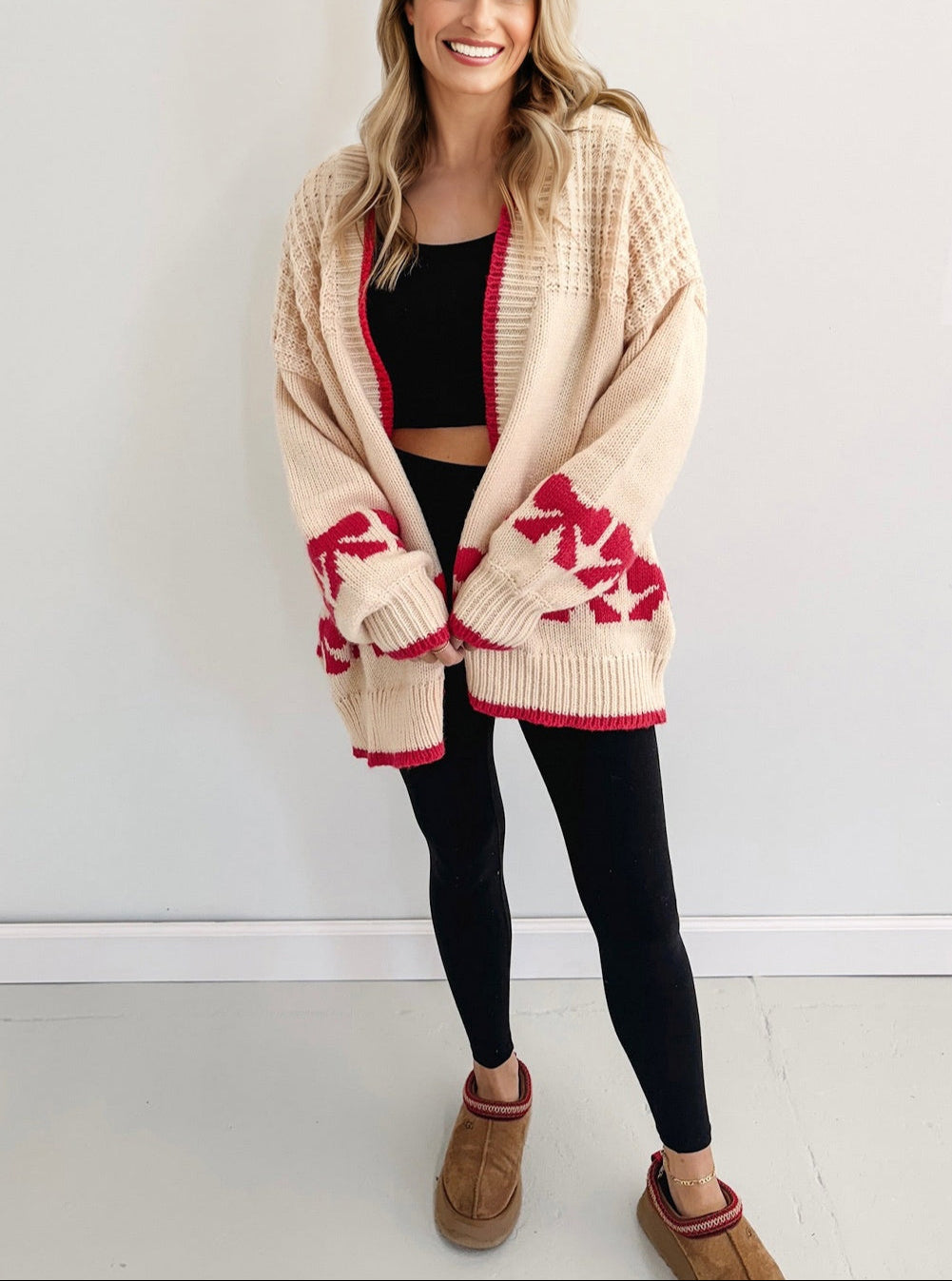 Apricot Bow Pattern Textured Open Front Baggy Cardigan