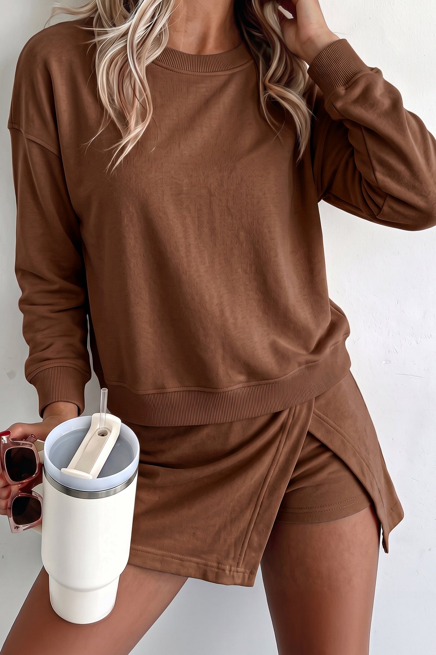 Parchment Solid Color Long Sleeve Top Split Skort 2pcs Outfit