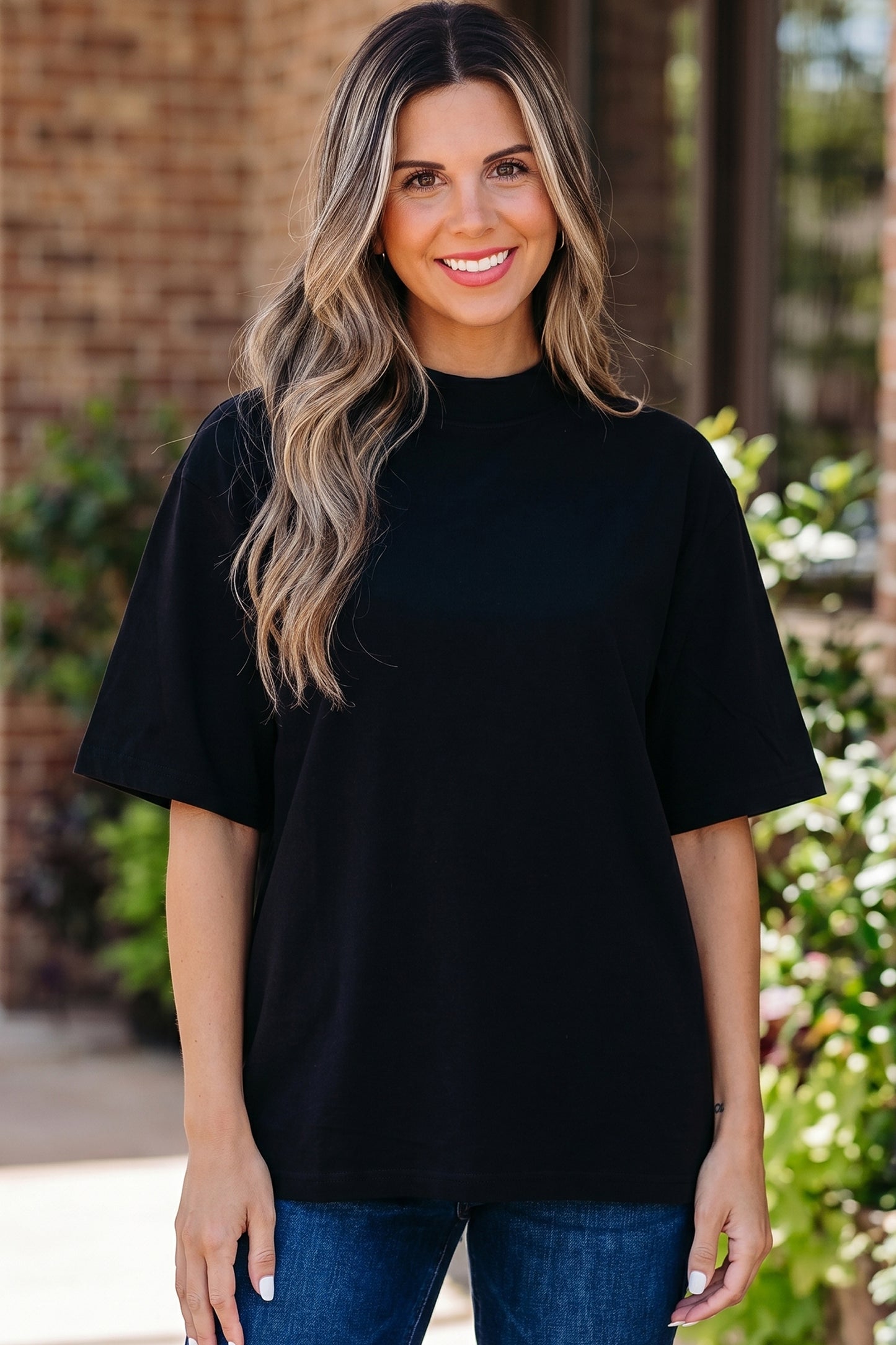 Solid Cotton Tee High Neck Oversized Casual Top