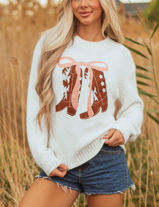 White Embroidered Bow Boots Graphic Drop Shoulder Sweater
