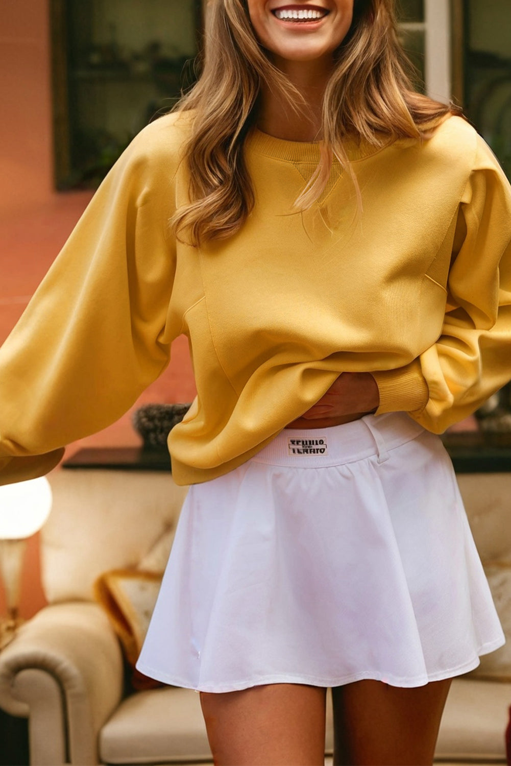 Citrus Pleated Balloon Sleeve Pullover Solid Sweatshirt