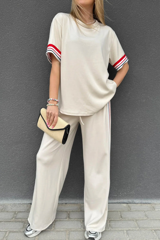 Jet Stream Contrast Striped Trim Crewneck T Shirt Loose Straight Pants Set