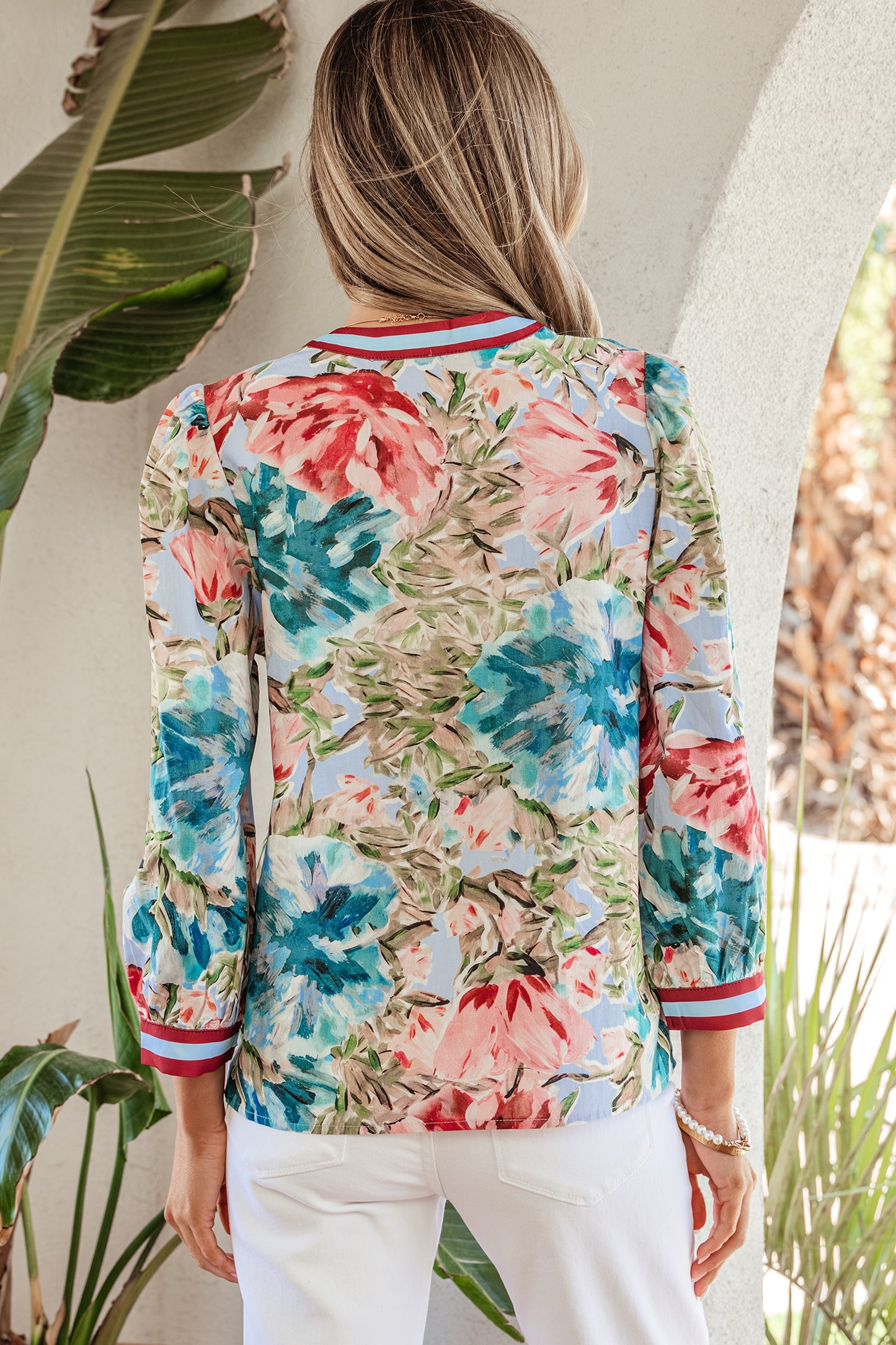 Sky Blue Contrast Trim V Neck Cuffed Bracelet Sleeve Floral Blouse