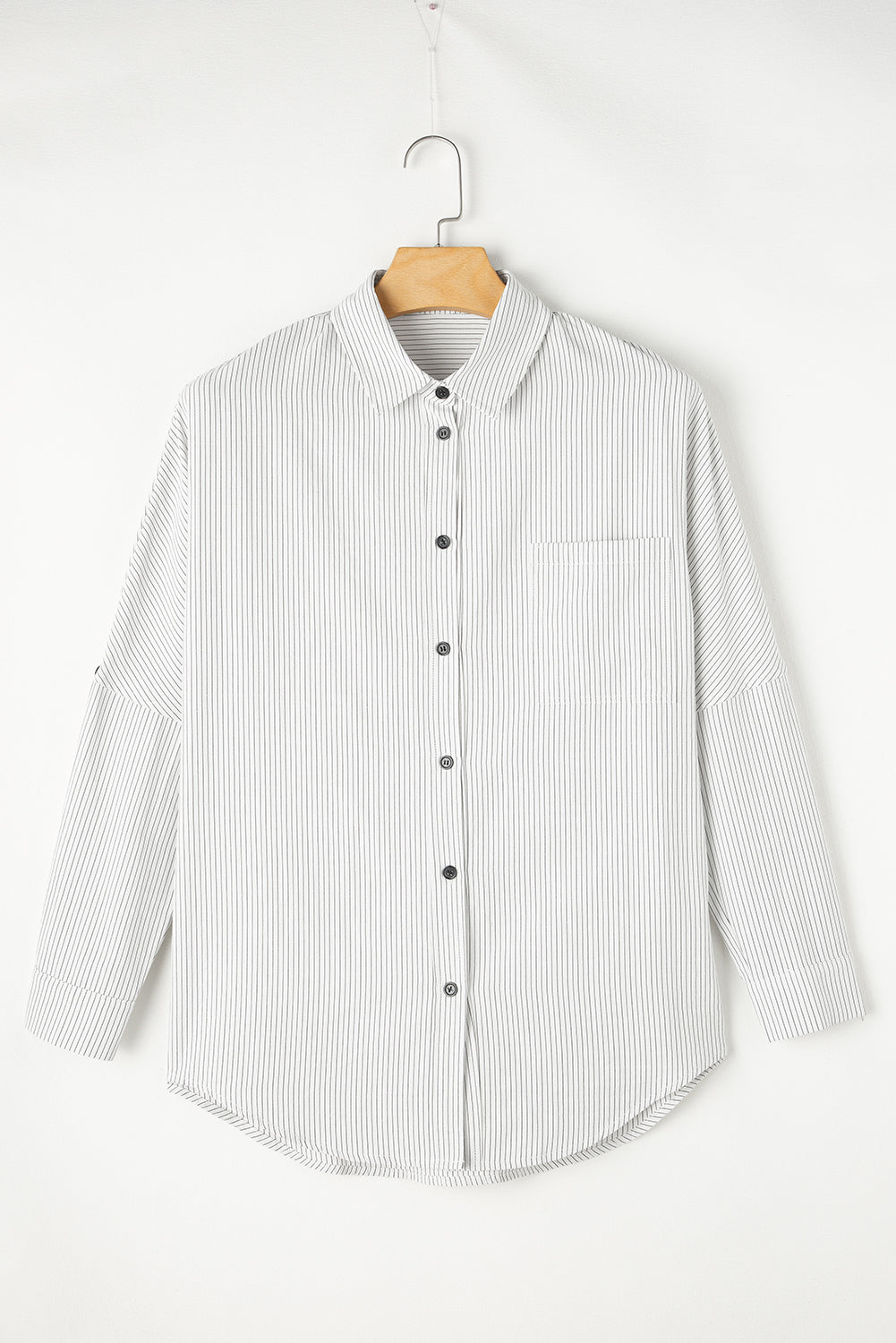 Stripe Roll-tab Sleeve Pocketed Long Shirt